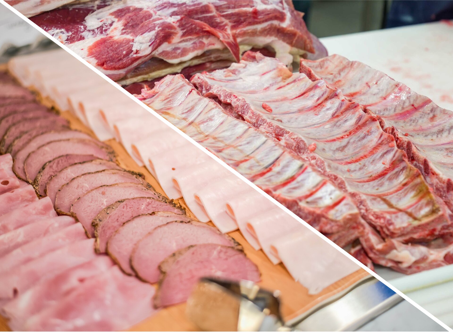 Zdjęcie przedstawia wędliny i mięsa ułożone obok siebie.