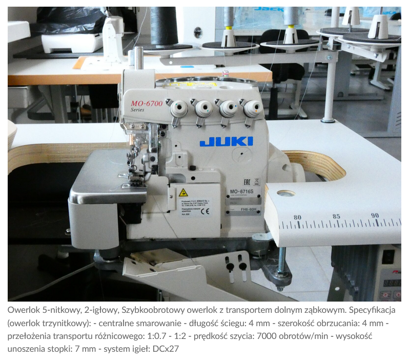 Grafika przedstawia przykładowe zdjęcie z opisem z galerii. Zdjęcie przedstawia maszynę owerlok pięcionitkowy, dwuigłowy.