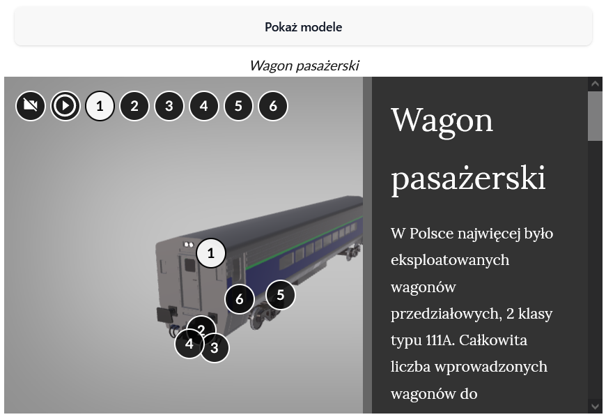 Przykładowy wygląd modelu 3D z przyciskiem menu "Pokaż modele", przyciskami znaczników i panelem z opisem w formie tekstowej.