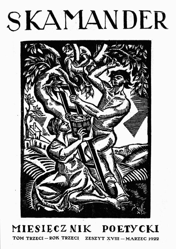 Ilustracja przedstawia okładkę czasopisma. Widać kobietę i mężczyznę znajdujących się przy drzewie. Ona siedzi u stóp mężczyzny z rękoma wyciągniętymi ku górze. Trzyma w nich kosz. On przytrzymuje jedną ręką drabinę opartą o drzewo, drugą sięga ku konarom. Wśród gałęzi widać jakąś postać. Obraz przywodzi na myśl scenę biblijną – zerwanie jabłka z zakazanego drzewa. W tle rozpościerają się pola. Nad obrazkiem widać napis: SKAMANDER, natomiast pod obrazkiem jest napisane: MIESIĘCZNIK POETYKI, TOM TRZECI – ROK TRZECI, ZESZYT XVIII – MARZEC 1922.