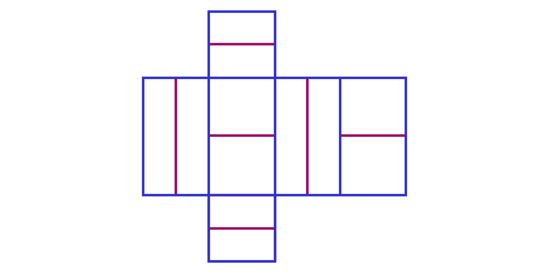 Grafika przedstawia siatkę  graniastosłupa prawidłowego czworokątnego. Siatka przedstawiona jest w taki sposób że cztery prostokąty ułożone są przylegająco wysokościami. Powyżej oraz poniżej do drugiego prostokąta przylegają kwadraty. Kwadraty podstaw przedzielono w połowie czerwonymi liniami tworząc prostokąty. Boki graniastosłupa również podzielono na pół liniami , dwa wzdłużnie a dwa poprzecznie na mniejsze prostokąty, naprzemianlegle tak że pierwszy i trzeci prostokąt podzielone są na węższe prostokąty a drugi i czwarty na kwadraty.  