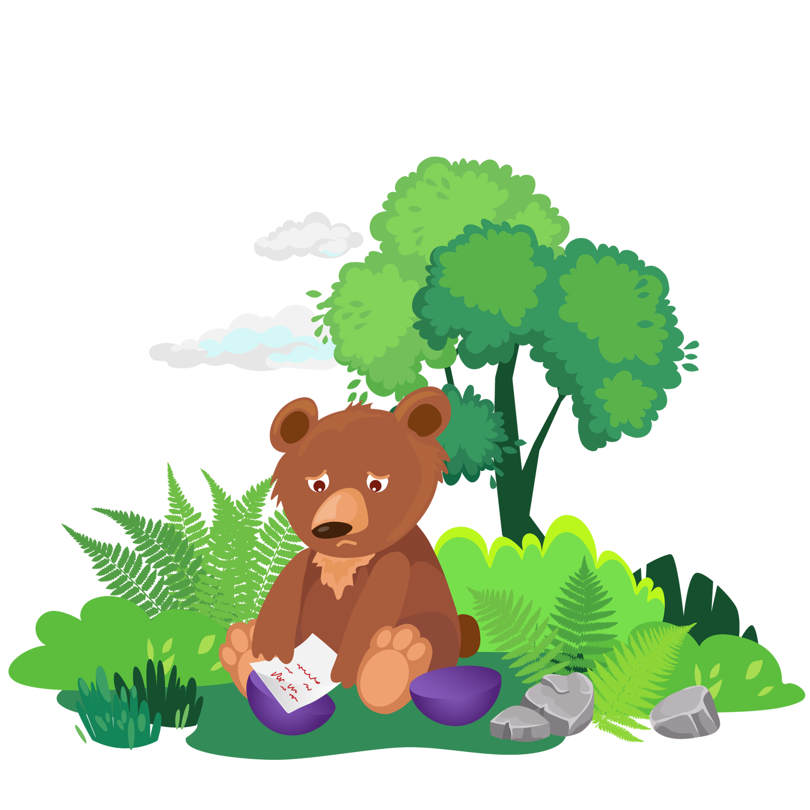 Ilustracja przedstawia fragment terenu porośniętego zielenią, z niskimi krzewami, paprociami i pojedynczymi kępkami wysokiej trawy. Po lewej stronie stoi wysokie drzewo liściaste. W tle widać niebo z jasnymi chmurami. Na pierwszym planie, po prawej stronie ilustracji, leżą trzy szare kamienie. Na środku siedzi smutny brązowy miś. Patrzy na kartkę z tekstem, którą trzyma w rękach. Przed misiem leżą dwie połówki fioletowej kuli.