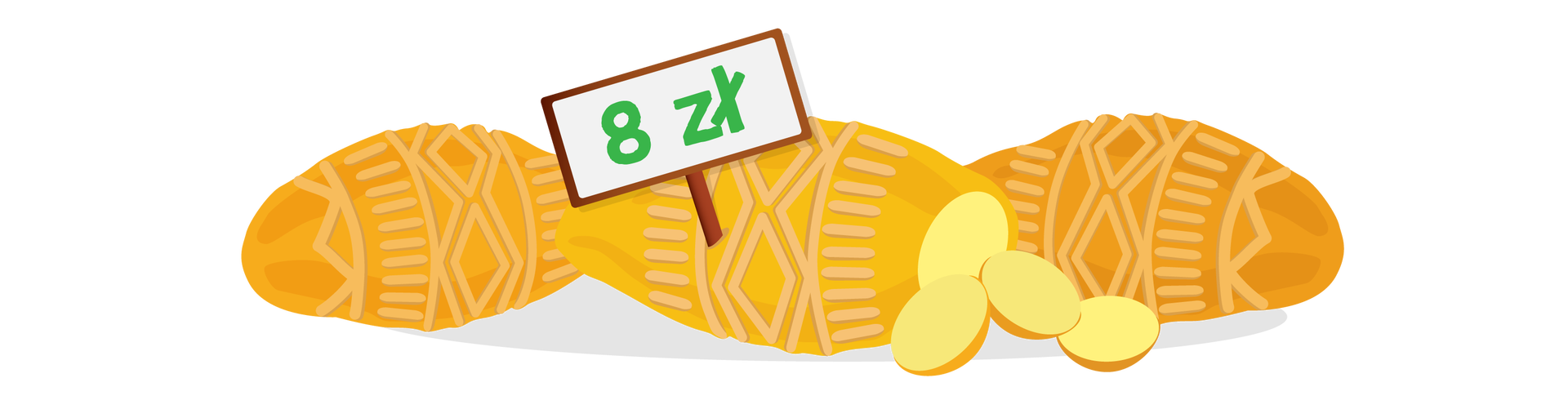 Ilustracja przedstawia trzy oscypki, czyli wędzone góralskie sery o jajowatym kształcie. Od środkowego oscypka są odkrojone trzy plasterki, leżą obok. W ten sam ser jest wbity kartonik z ceną. Napis na kartoniku brzmi: „8 złotych”.