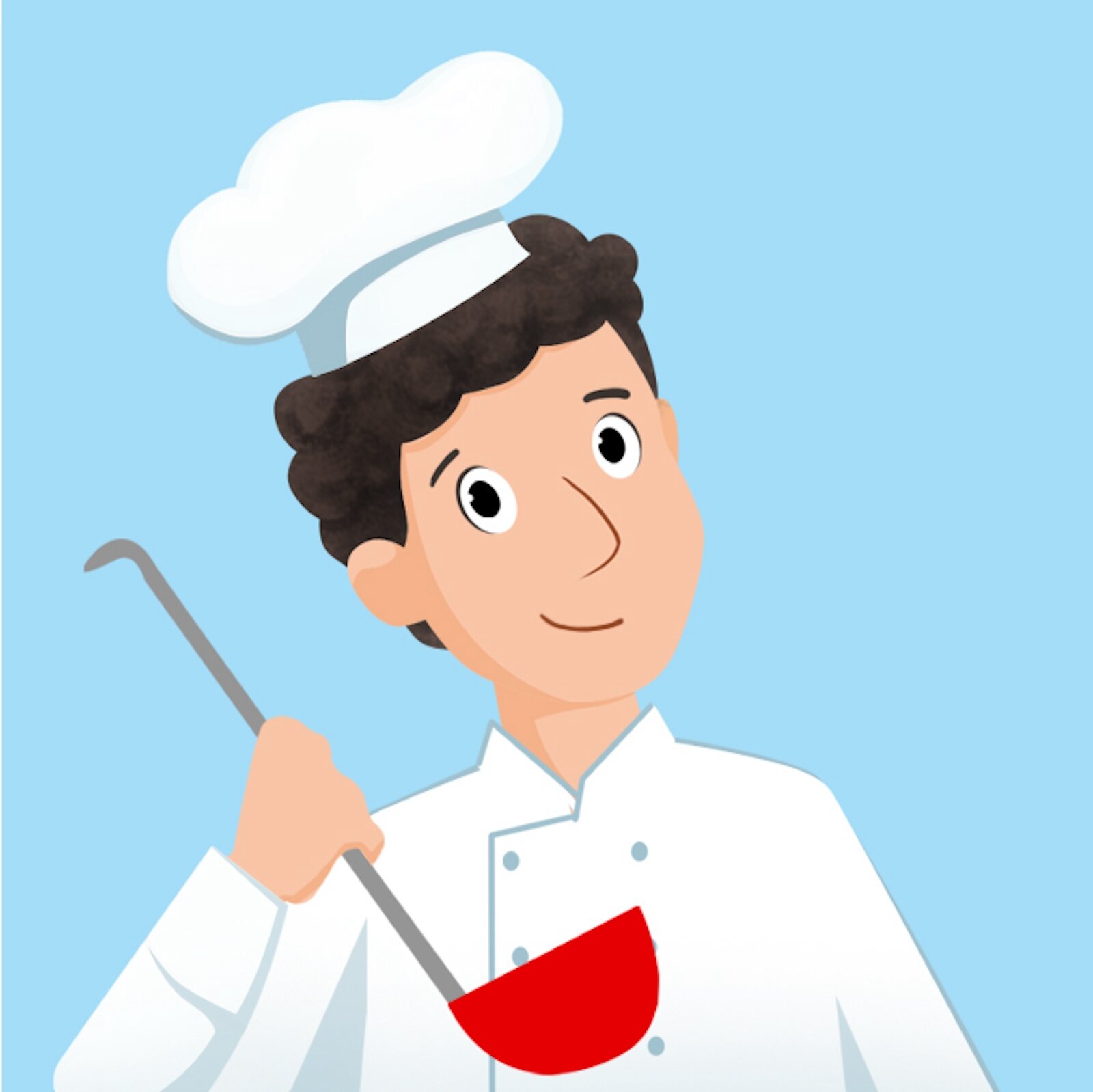  Ilustracja przedstawia kucharza w białym fartuchu  i czapce. W ręku trzyma łyżkę wazową.