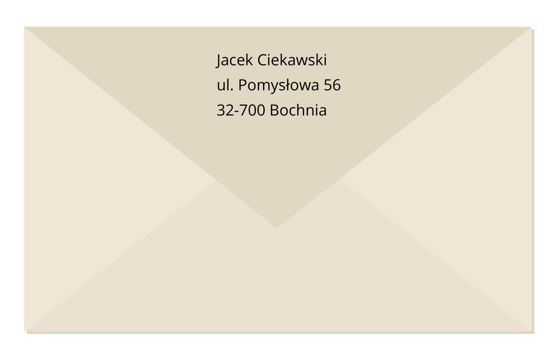 Grafika przedstawiająca wzór listu z opisanym nadawcą listu po drugiej stronie. Jacek Ciekawski ul. Pomysłowa pięćdziesiąt sześć, trzydzieści dwa siedemset Bochnia.