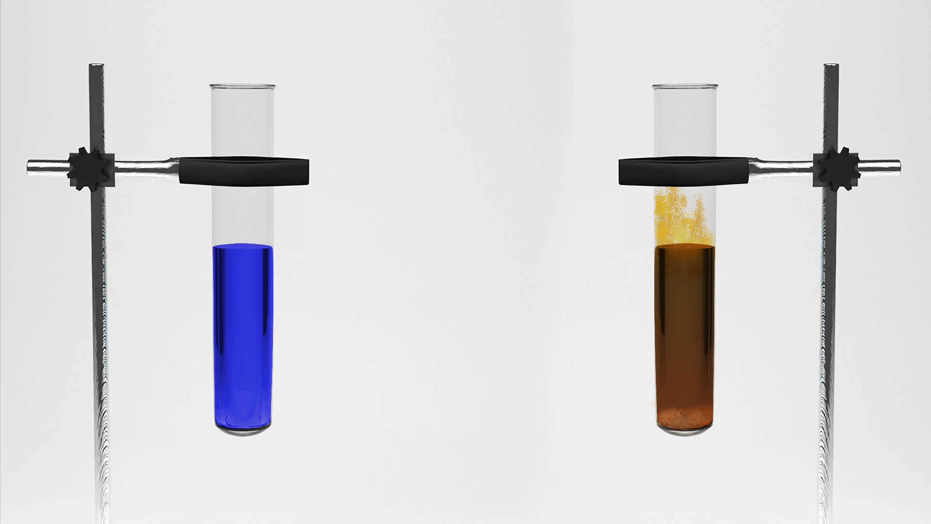 Na ilustracji w dwóch statywach laboratoryjnych wyposażonych w metalowe łapy znajdują się probówki. W pierwszej probówce jest ciemnoniebieski roztwór. W drugiej ciemnobrązowy. Na ściankach widoczny jest osad.  