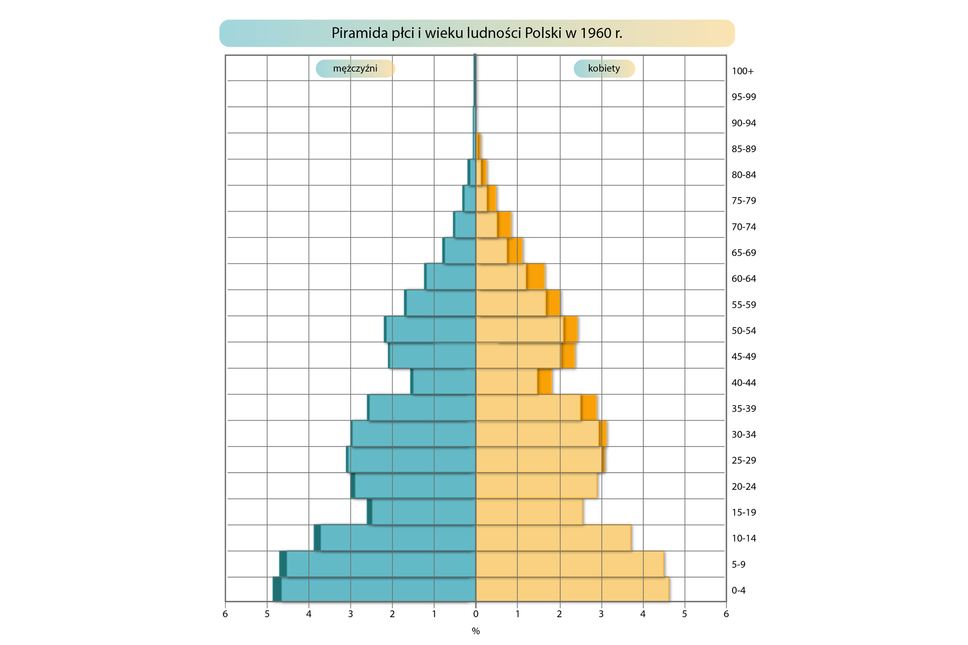 Piramida płci i wieku ludności Polski w tysiąc dziewięćset sześćdziesiątym roku jest rozrysowana na siatce. Dolna pozioma oś oznacza liczbę ludności w procentach, od 0 w centralnym punkcie rośnie co 1% w lewą i prawą stronę do 5 procent. Oś pionowa oznaczona po prawej stronie określa grupy wiekowe: 0‑4, 5‑9, 10‑14, 15‑19, 20‑24, 25‑29, 30‑34, 35‑39, 40‑44, 45‑49, 50‑54, 55‑59, 60‑64, 65‑69, 70‑74, 75‑79, 80‑84, 85‑89, 90‑94, 95‑99, 100+. Piramida ma dwa kolory. Po lewej stronie wartości oznaczone są kolorem niebieskim dane mężczyzn, a po prawej – żółtym dane dla kobiet. Kolorem ciemnożółtym i ciemnoniebieskim oznaczone są różnice w danych dotyczących płci. Dolną część piramidy (oznaczającą najmłodsze grupy wiekowe) określa się jako podstawę, a górną (oznaczającą grupy najstarsze) - wierzchołek. Piramida płci i wieku ludności Polski w tysiąc dziewięćset sześćdziesiątym roku przybiera kształt trójkąta o szerokiej podstawie. Oznacza to największy udział procentowy osób najmłodszych, przedziały osób do dziewiątego roku życia przybierają wartości około 4,5%. Następnie piramida zwęża się do około 2,5% dla osób w wieku 15‑19 lat, po czym rozszerza do około 3% dla osób od 25 do34 roku życia. Dalej następuje ponowne zwężenie do około 1,75% dla osób w wieku 40‑44 lat i kolejne rozszerzenie do poziomu nieco ponad 2% dla osób w wieku 45‑54 lat. Dla kolejnych grup wiekowych piramida systematycznie zwęża się, osiągając marginalne wartości dla najstarszych grup wiekowych. Na piramidzie przedstawiono również dysproporcje między udziałem danej płci w ogóle populacji. Dla osób do dwudziestego roku życia notuje się przewagę mężczyzn, wynoszącą średnio około 0,2%. Powyżej tej granicy wieku notuje się przewagę kobiet, wynoszącą średnio od 0,3% do 0,4%.