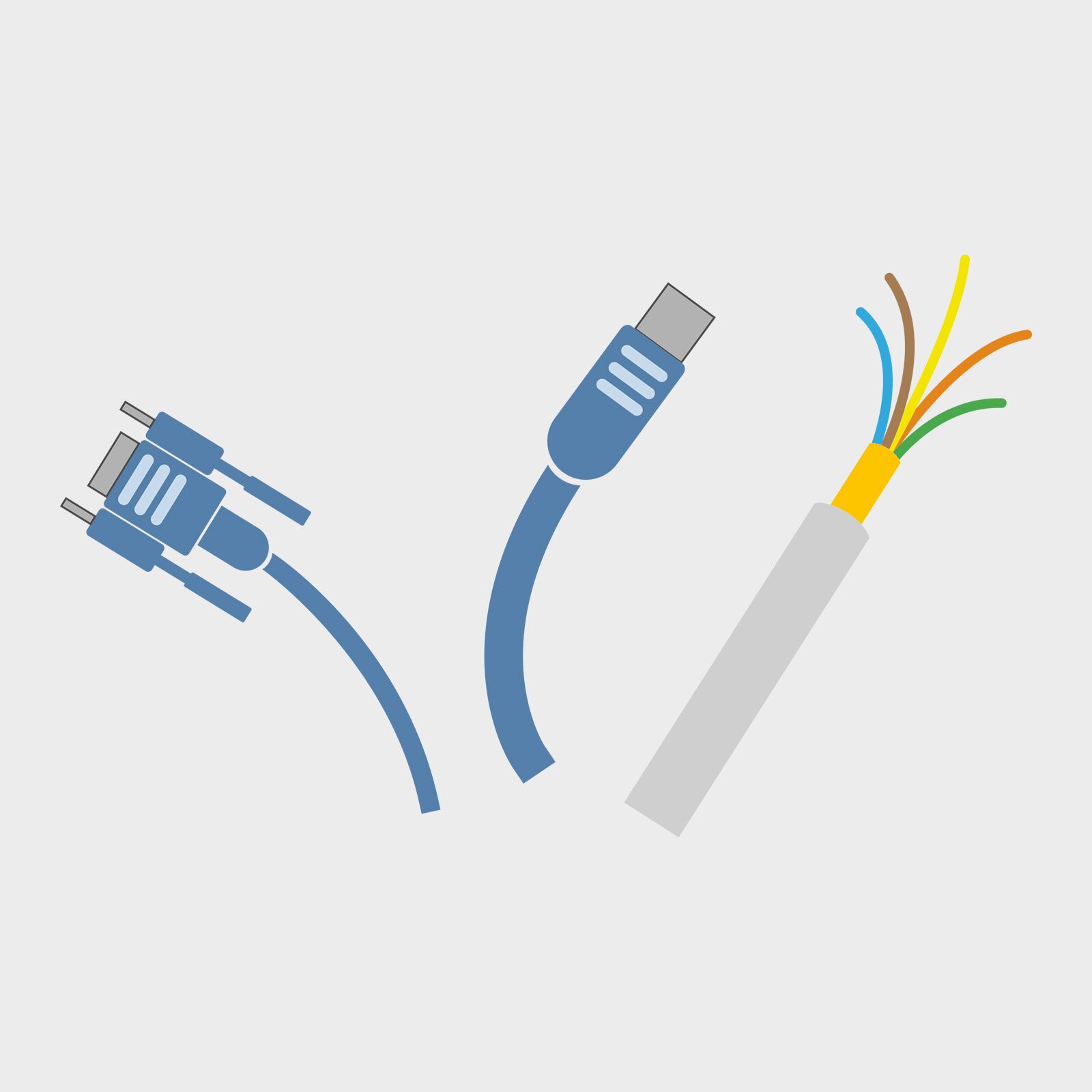 Grafika przedstawia trzy różne zakończenia przewodów. Od lewej widoczna jest wtyczka do monitora komputera z wyjściem USB i bolcami po obu stronach. W środku widoczna jest końcówka USB, zaś po prawej stronie rozszczepiony przewód z widocznymi światłowodami.