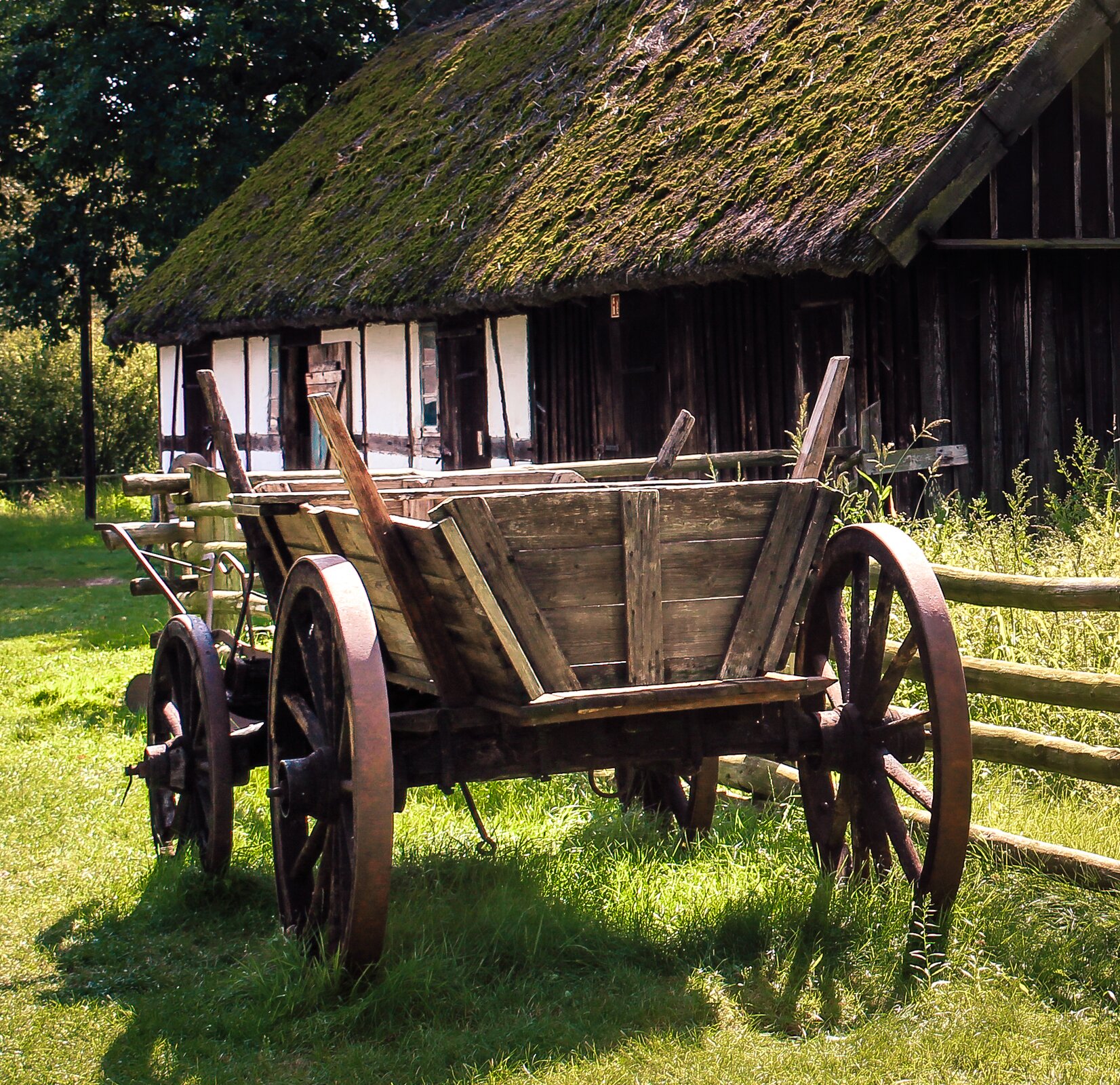 Kliknij, aby powiększyć Zdjęcie przedstawia drewniany wóz na czterech kołach, za którym widać fragment chaty. Budowla jest jednopiętrowa i posiada dwuspadowy dach pokryty trzciną i porośnięty mchem. Ma konstrukcję szkieletową złożoną z drewnianych belek wypełnionych murem, który jest bielony. Widoczny jest również fragment ściany szczytowej zbudowanej z drewnianych desek. Obok wozu znajdującego się na pierwszym planie widać fragment drewnianego płotu. Wokół rośnie trawa.