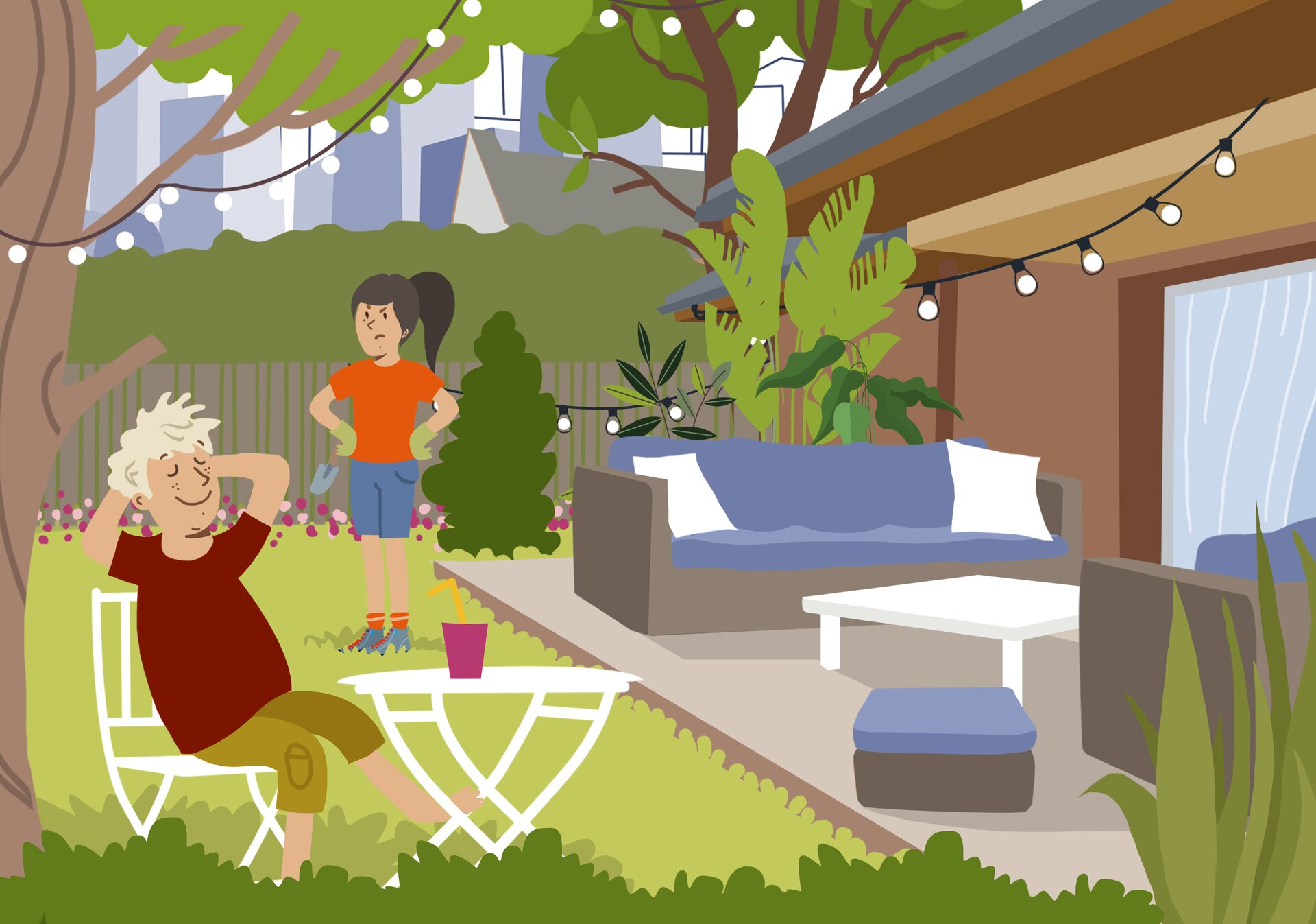 Na ilustracji widoczna jest scena z przydomowego ogrodu, w ujęciu od strony tarasu, gdzie relaksuje się mężczyzna. Przy nim stoi kobieta. Cała przestrzeń wypełniona jest zielenią - są tam zarówno rośliny zielone, jak i te kwitnące.