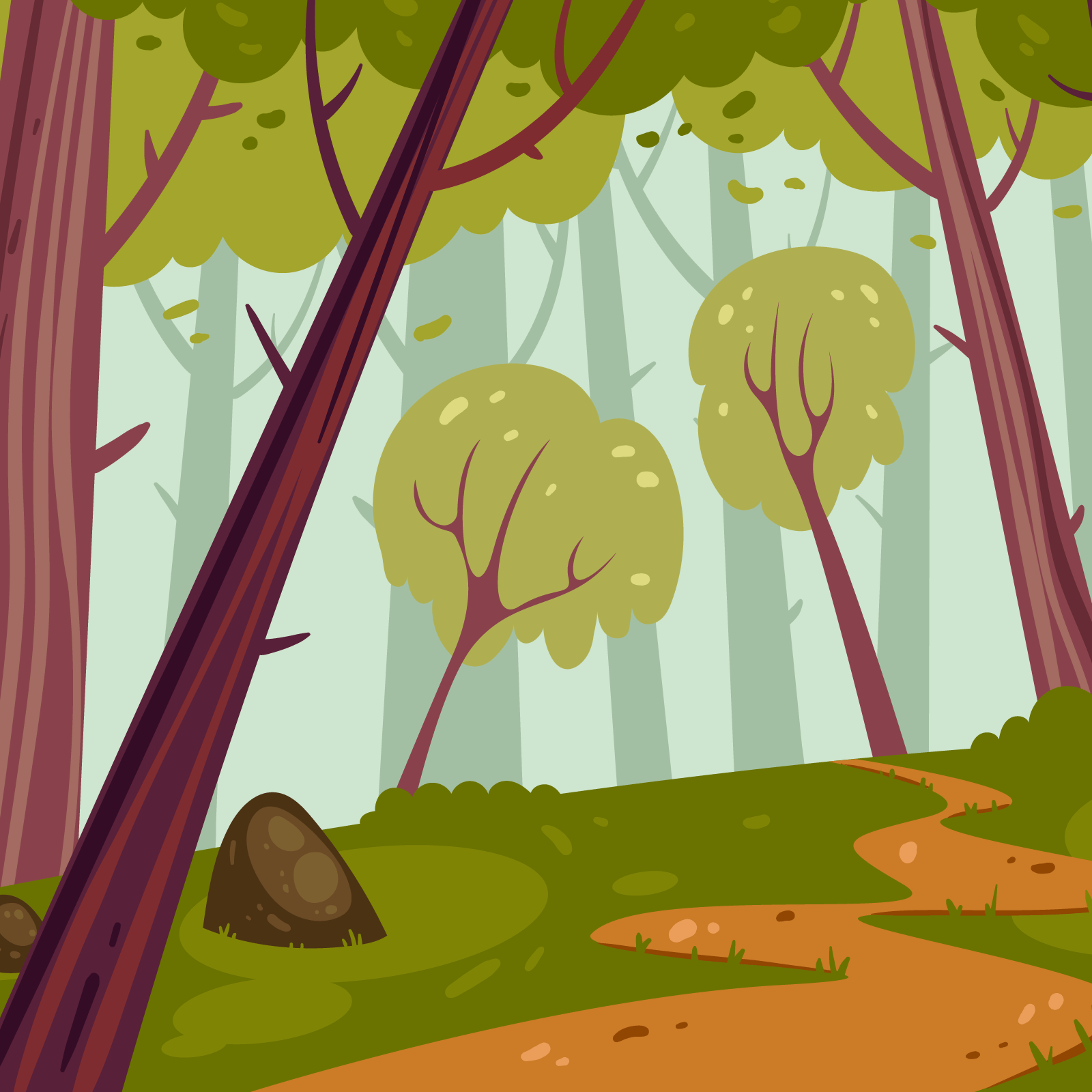 Ilustracja przedstawia krętą drogę pośrodku lasu liściastego. 