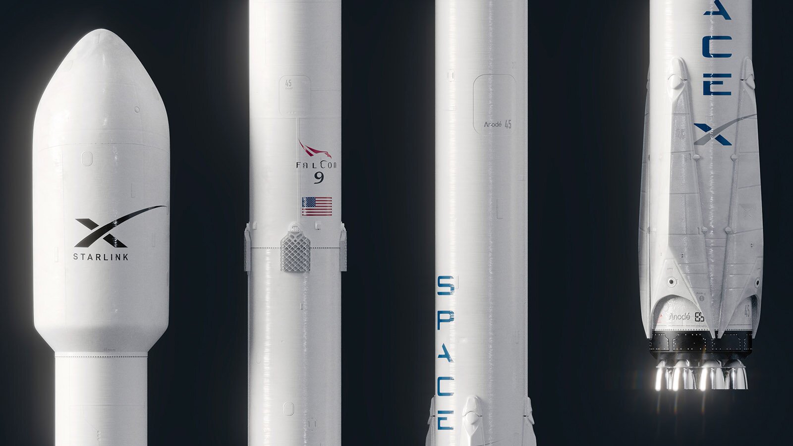 Zdjęcie przedstawia biały statek kosmiczny podzielony na cztery części. Od lewej strony widoczny jest dziób statku ze stylizowanym znakiem iks i napisem STARLINK, dwie części cylindrycznego kadłuba: jedna z napisem FALCON i flagą Stanów Zjednoczonych, a druga z napisem: SPACE oraz silnik rakietowy z dyszami wylotowymi z fragmentem napisu: SPACE X.
