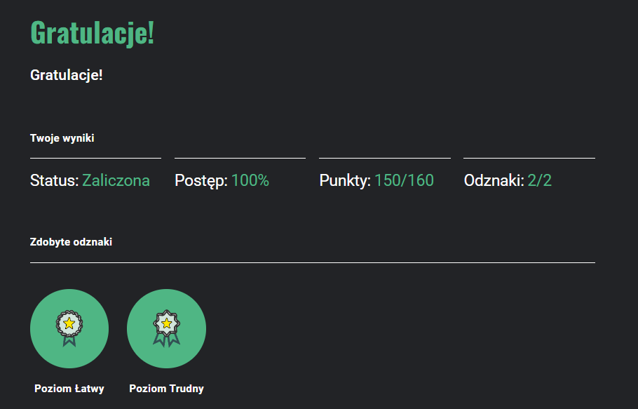 Przykładowy ekran podsumowujący grę. U góry napis "gratulacje!", poniżej podsumowanie wyników. Kolejno: status, postęp, punkty i odznaki. Na dole grafiki zdobytych odznak.