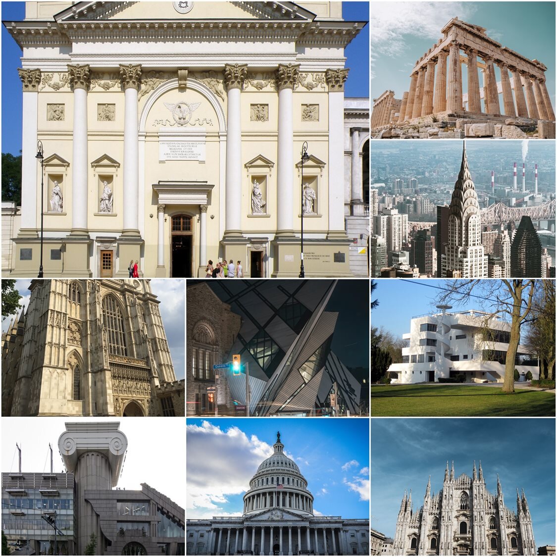 Ilustracja składa się z dziewięciu zdjęć przedstawiających budynki w różnych stylach architektonicznych. Na największym zdjęciu w lewym górnym rogu widoczna jest fasada monumentalnego budynku w stylu klasycystycznym, którego frontowe wejście jest oflankowane sześcioma kolumnami z kapitelami korynckimi zwieńczonymi trójkątnym tympanonem. Na zdjęciu na prawo widoczna jest starożytna świątynia na planie prostokąta, stojąca na kamiennym podeście, ze ścianami z wysokich kolumn. Poniżej widoczna jest strzelista, nowoczesna budowla zakończona spiczastym dachem. Poniżej od lewej widoczna jest fasada gotyckiego kościoła ze strzelistym oknem oflankowanym półkolumnami. Na prawo widoczna jest nowoczesna budowla o geometrycznych kształtach i łamanych liniach, a obok zdjęcie przedstawiające wielopiętrową budowlę z kręconymi schodami i balkonami. Poniżej od lewej widoczny jest nowoczesny budynek, pośrodku którego widoczna jest ogromna kolumna z jońskim kapitelem. Na prawo widoczna jest rozłożysta budowla z wejściem złożonym z kolumnady zwieńczonej pośrodku trójkątnym tympanonem z cylindryczną wieżą z kolumnami dookoła na trzech kondygnacjach i zwieńczona kopułą. Obok widoczna jest trójkątna fasada gotyckiej świątyni ze strzelistymi elementami, witrażowymi oknami i detalami architektonicznymi.