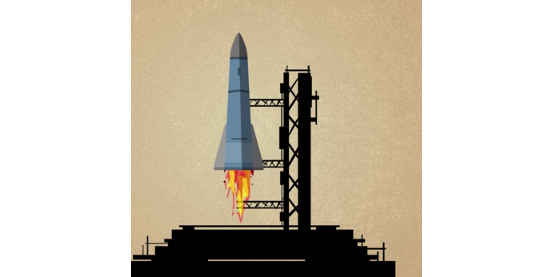 Ilustracja przedstawia rakietę przyczepioną do platformy startowej.