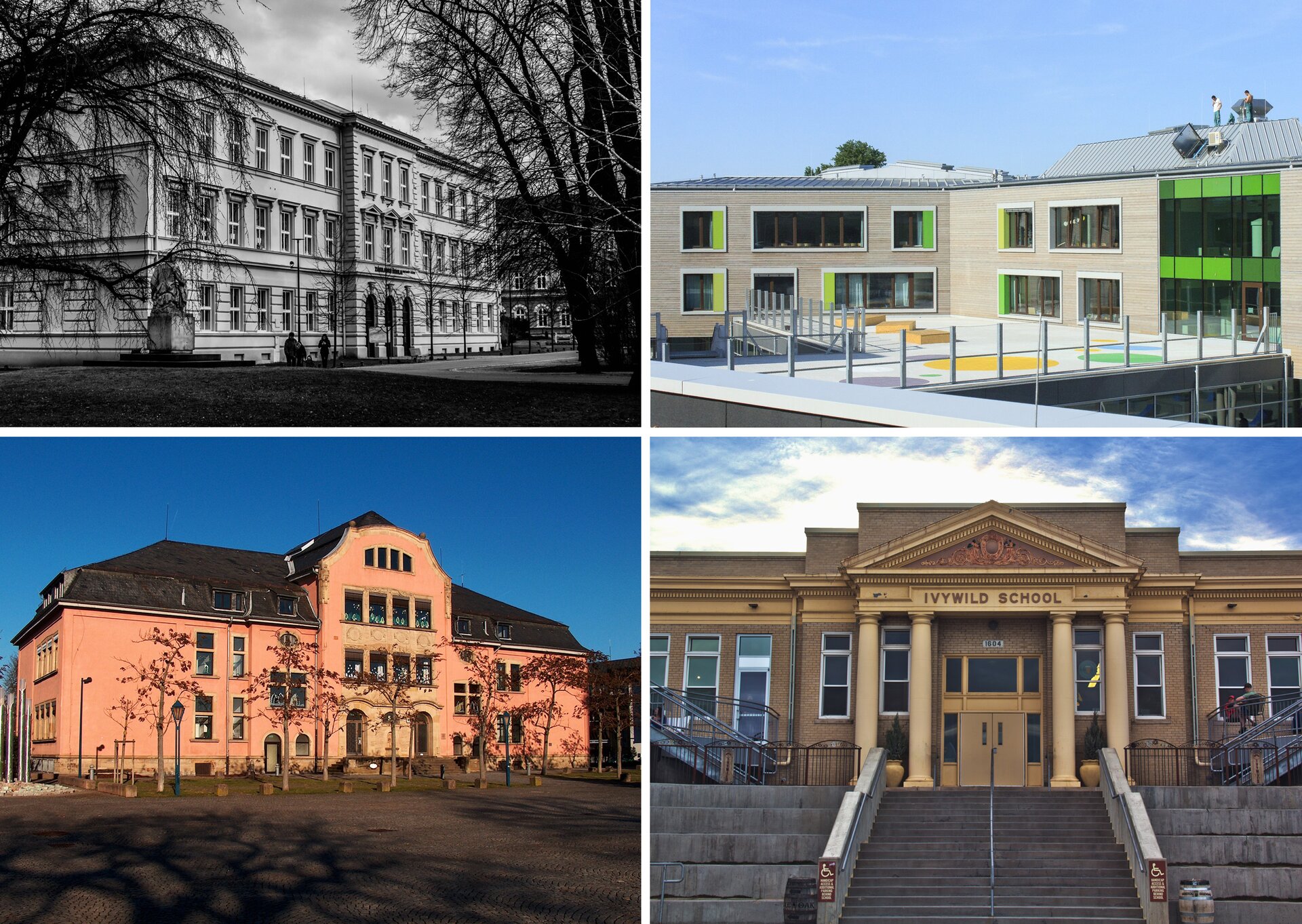 Grafika składa się z 4 zdjęć zestawionych ze sobą w kwadracie. Na każdej fotografii jest inny budynek szkoły. Górne, lewe, czarno‑białe zdjęcie przedstawia dwupiętrowy, prosty budynek, na bazie prostokąta. Górne, prawe zdjęcie ukazuje bardzo nowoczesny budynek w kształcie litery L. Dolne, lewe zdjęcie przedstawia budynek z piętrem i poddaszem, wzniesiony na bazie prostokąta, z wykuszem w środkowej części frontowej ściany. Dolne, prawe zdjęcie ukazuje schody prowadzące do okazałego wejścia budynku, z ozdobnymi elementami nawiązującymi do Akropolu.