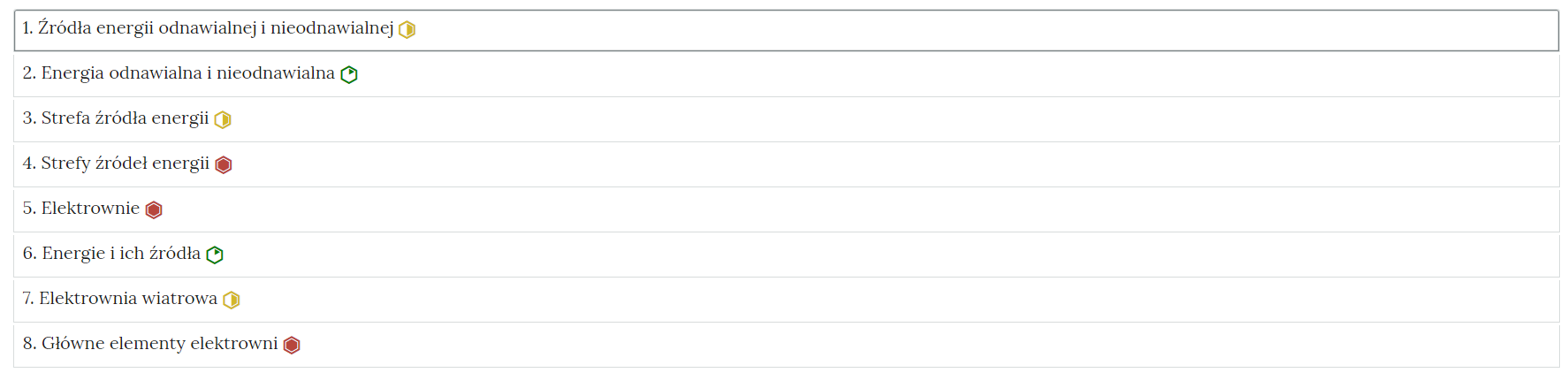 Przykładowy wygląd zakładek zawierających interaktywne materiały sprawdzające