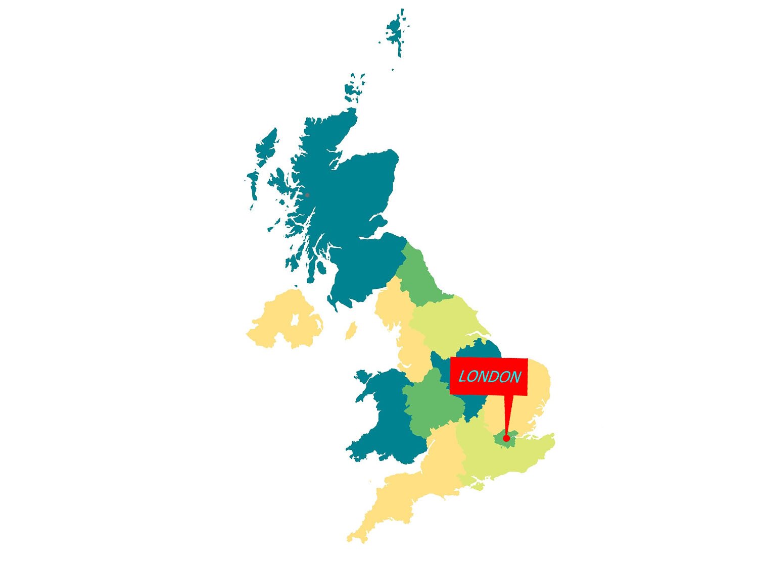 Grafika przedstawia mapę polityczną Zjednoczonego Królestwa Wielkiej Brytanii i Irlandii Północnej z podziałem na terytoria. Terytoria zaznaczone są różnymi kolorami: morskim, jasnozielonym, zielonym i żółtym. Na mapie czerwoną flagą zaznaczono Londyn. Na fladze widoczny jest napis w języku angielskim London.