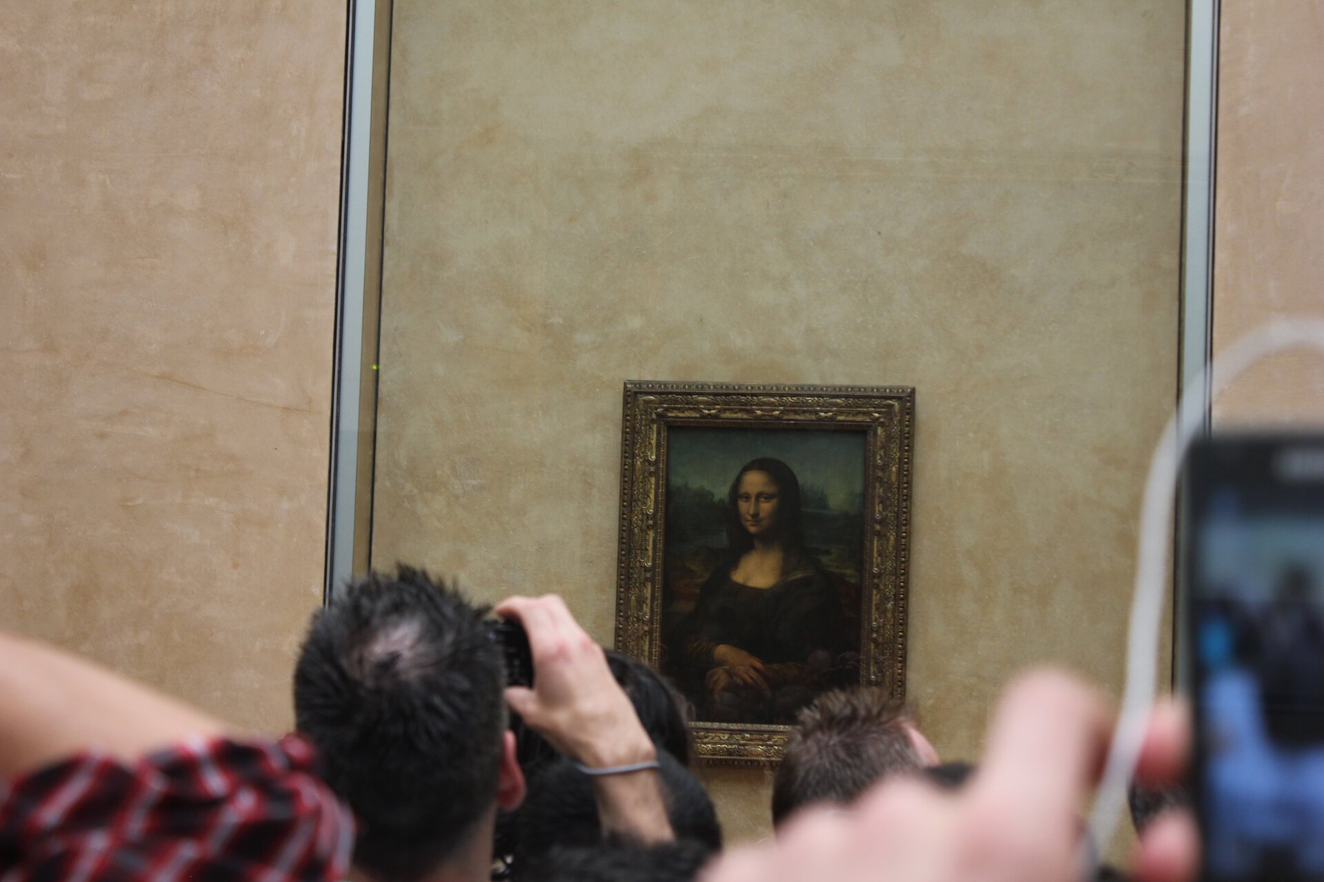 Fotografia przedstawia grupę ludzi robiących zdjęcia obrazu, który znajduje się przed nimi. Na obrazie znajduje się Mona Lisa [czytaj: mona liza], dzieło Leonardo da Vinci [czytaj: leonardo da winczi]. Obraz przedstawia portret kobiety w sukni. Dzieło zawieszone jest na beżowej ścianie.
