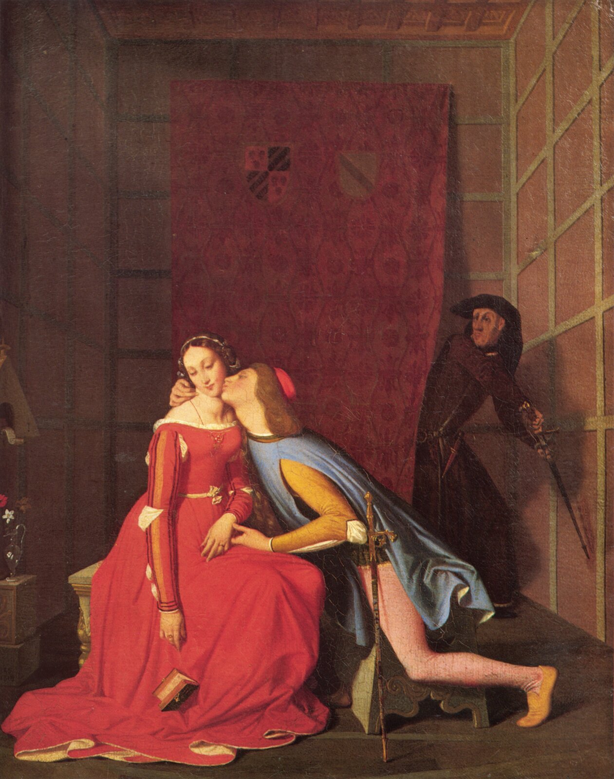 Ilustracja przedstawia obraz Jeana Auguste Dominique Ingresa „Francesca da Rimini i Paolo Malatesta”. Na obrazie widzimy mężczyznę całującego kobietę w policzek. Za postaciami wisi na ścianie kotara, zza której wychodzi mężczyzna z mieczem uniesionym w górę. Postacie na obrazie mają stroje zgodne z epoką.