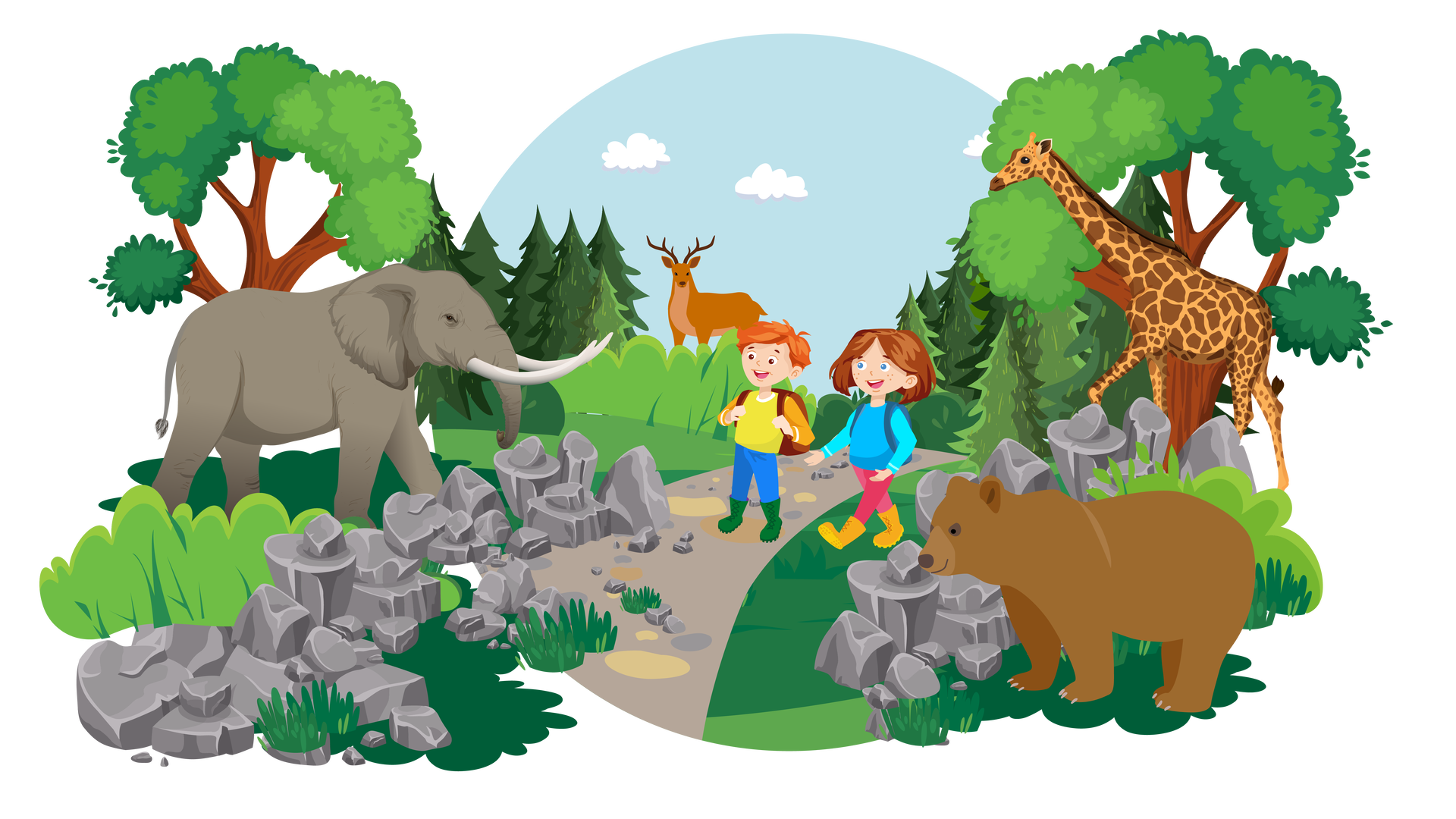 Ilustracja przedstawia rozległy teren porośnięty bujną zielenią. W tle widać błękitne niebo z białymi chmurami. Środkiem ilustracji biegnie kamienista ścieżka, którą, z założonymi plecakami, idą Maja i Franek. Dzieci oglądają zwierzęta. Po lewej stronie, za ogrodzeniem z kamieni, stoi duże szare zwierzę o dużych uszach, trąbie i długich białych kłach. To słoń. Po prawej stronie, za ogrodzeniem z kamieni, stoi brązowe zwierzę o czterech dużych łapach, małej głowie i małych uszach. To niedźwiedź brunatny. Za nim jest kolejne ogrodzenie, za którym znajduje się wysokie zwierzę o ciemnożółtej sierści w brązowe cętki i długiej szyi. To żyrafa. Na linii horyzontu stoi duże brązowe zwierzę o długim brązowym porożu. To jeleń.