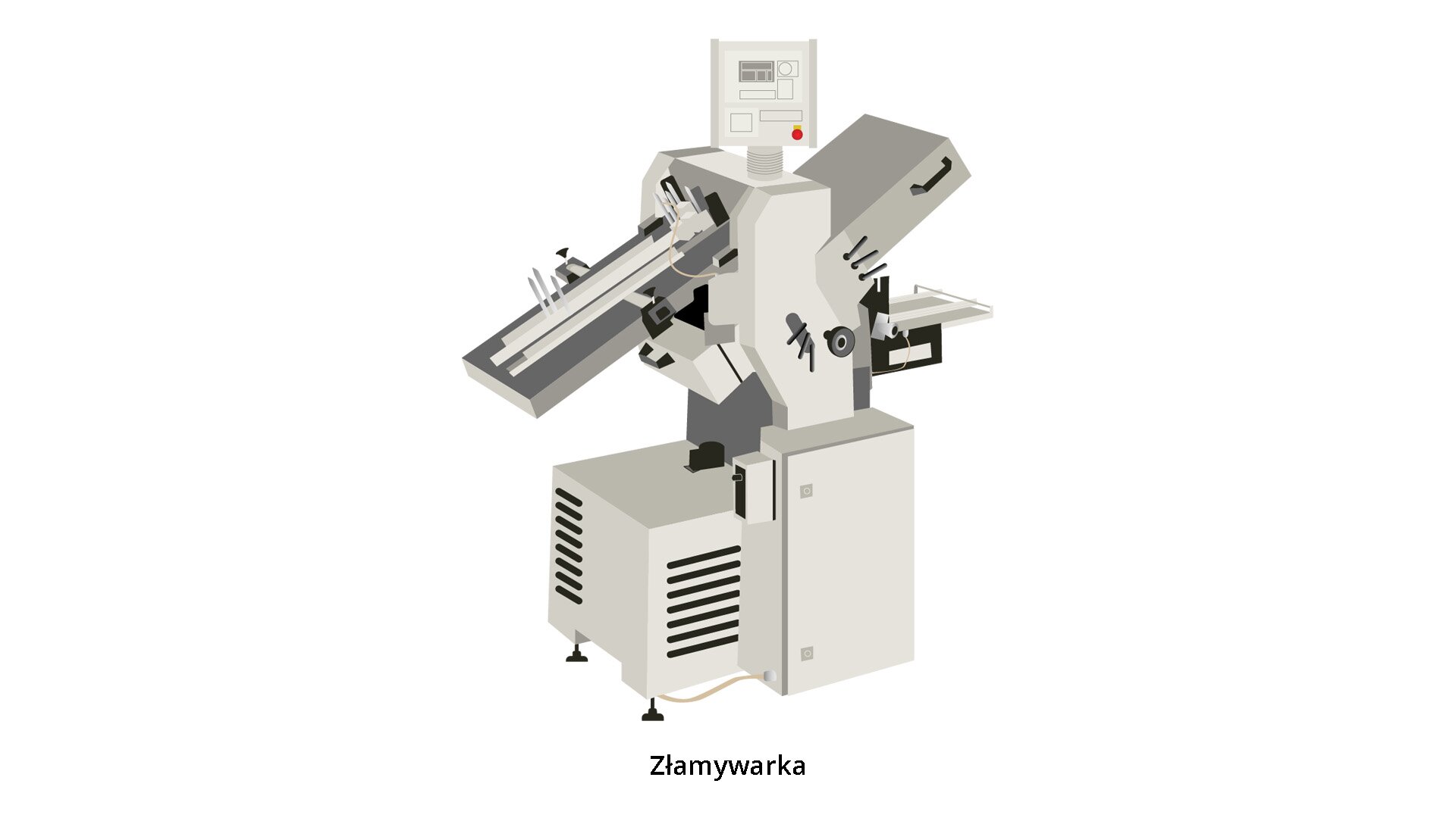 Fotografia przedstawia złamywarkę. Urządzenie ustawione jest czterech wkręcanych nóżkach umożliwiających wypoziomowanie urządzenia. U podstawy zamontowana skrzynia w kształcie prostopadłościanu w otworami wentylacyjnymi na ściankach. Po lewym oraz prawym boku maszyny przymocowane zostały dwa ramiona stanowiące stelaż maszyny do których zamontowano roboczą część urządzenia - ruchomy blat na którym zainstalowano szyny do regulacji. Powyżej monitor z przyciskami do regulacji oraz kontroli pracy urządzenia.