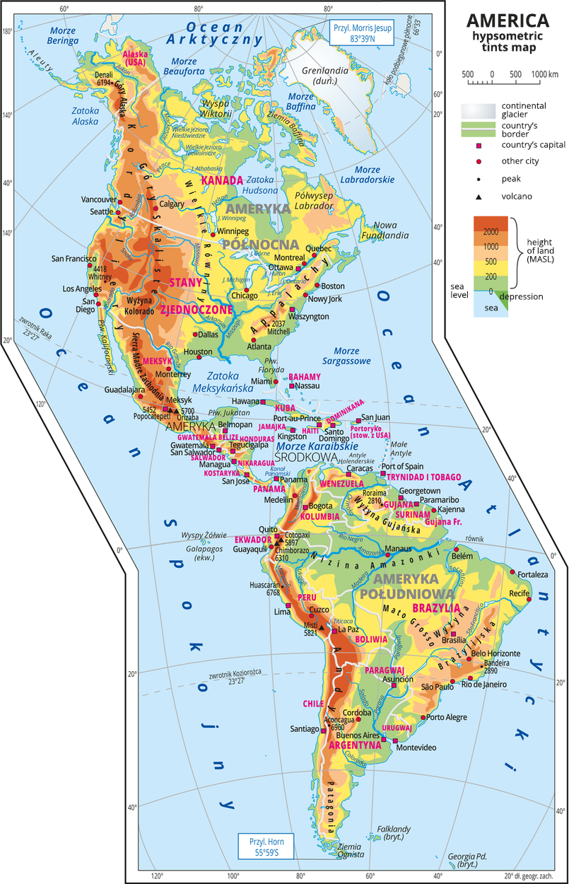 Ilustracja przedstawia mapę hipsometryczną Ameryki. Na zachodnich wybrzeżach dominują pasma górskie o przebiegu południkowym. Rozległe niziny występują wzdłuż największych rzek. W Ameryce Północnej są ti: Rio Grande, Missisipi. W Ameryce Południowej są to Amazonka, Rio Negro, Parana. Na mapie ukazane są wody opływające Ameryki. Od wschodu jest to Ocean Atlantycki, a od  zachodu Ocean Spokojny. Nad Ameryka Północną jest Ocean Arktyczny. W Ameryce Północnej zaznaczono państwa: Kanada, Stany Zjednoczone i Meksyk. Z kolei największe państwa Ameryki Południowej to Argentyna, Boliwia, Brazylia, Chile, Ekwador, Gujana, Kolumbia, Paragwaj, Peru, Surinam, Urugwaj, Wenezuela, Trynidad i Tobago.Trójkątami oznaczono czynne wulkany i podano ich nazwy i wysokości. Podano współrzędne geograficzne skrajnych punktów: północ – Przylądek Morris Jesup, 83°39’N, południe – Przylądek Horn, 55°59’S. 