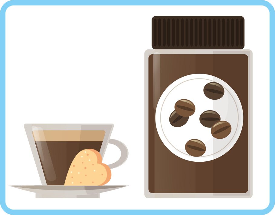 Ilustracja ukazuje butelkę puszkę na kawę obok napełnionej nią filiżanki.