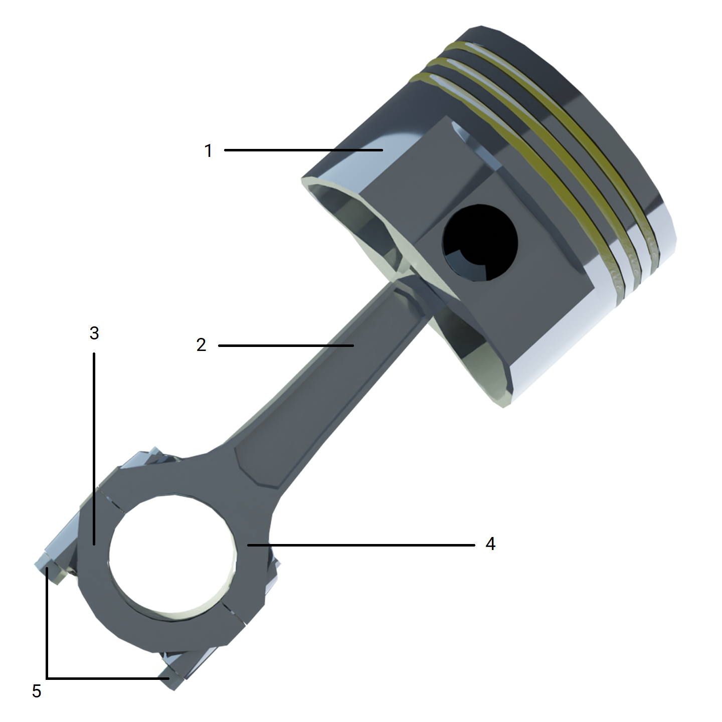 Tłok cylindra z korbowodem:1. Tłok,2. Trzon,3. Pokrywa stopy,4. Stopa,5. Śruby korbowodowe