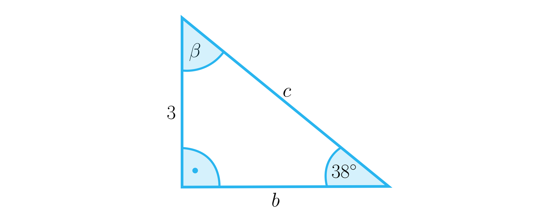 Na ilustracji przedstawiono trójkąt prostokątny o przyprostokątnych długości 3 i b, oraz przeciwprostokątnej długości c. Zaznaczono kąt 38 stopni naprzeciw przyprostokątnej o długości 3 oraz kąt beta naprzeciw przyprostokątnej o długości b.