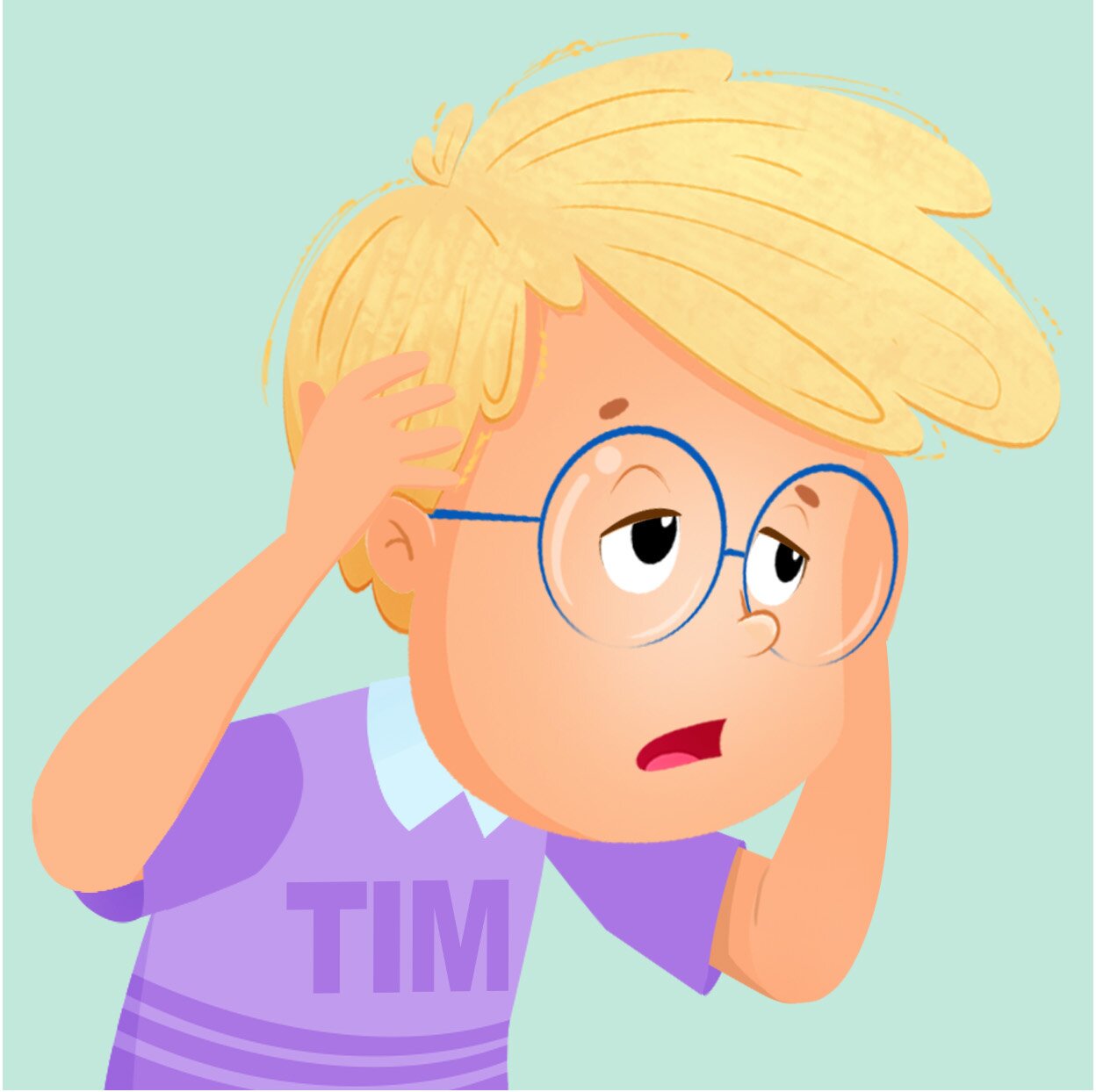Ilustracja Tima. Chłopiec trzyma się za głowę.