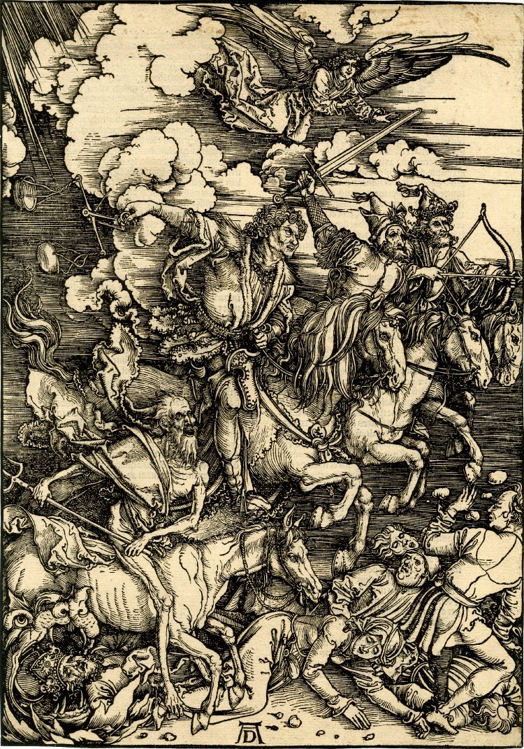 Czterej jeźdźcy Apokalipsy Czy ta grafika dokładnie oddaje słowa św. Jana? Źródło: Albrecht Dürer, Czterej jeźdźcy Apokalipsy, 1498, domena publiczna.