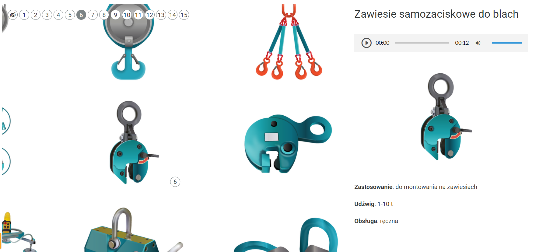 Zdjęcie przedstawia wyświetlony jeden z opisów elementów galerii. Grafika główna jest nieco przybliżona. Po jej prawej stronie widać biały panel z tekstem, odtwarzaczem audio oraz grafiką. W górnym lewym rogu grafiki interaktywnej widać numery wszystkich znaczników obok siebie. Jest ich piętnaście. Pierwszy znacznik nie posiada numeru. Przedstawia symbol przekreślonego oka.