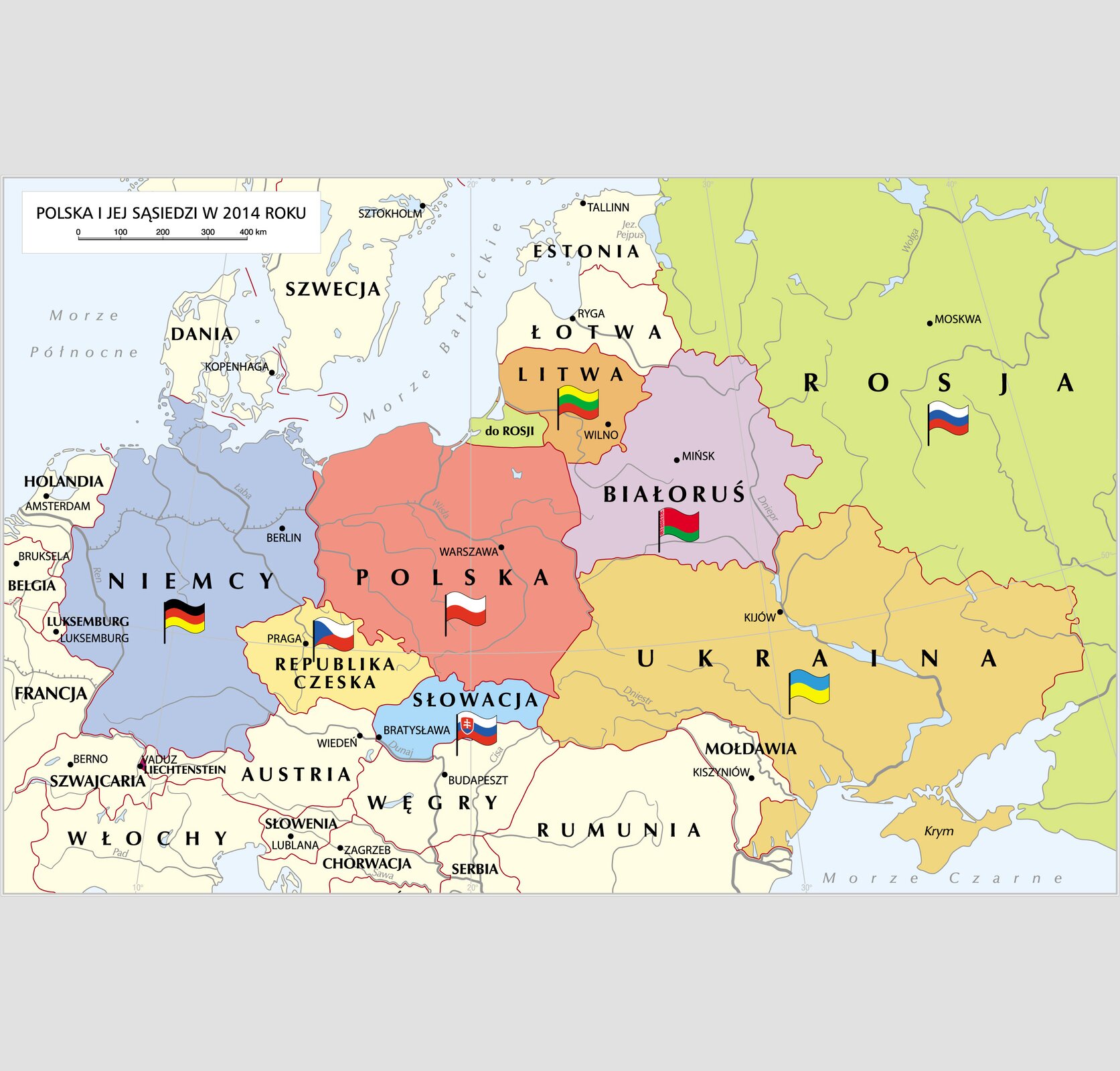 Grafika mapy przedstawiającej Polskę i jej sąsiadów w 2014 r.