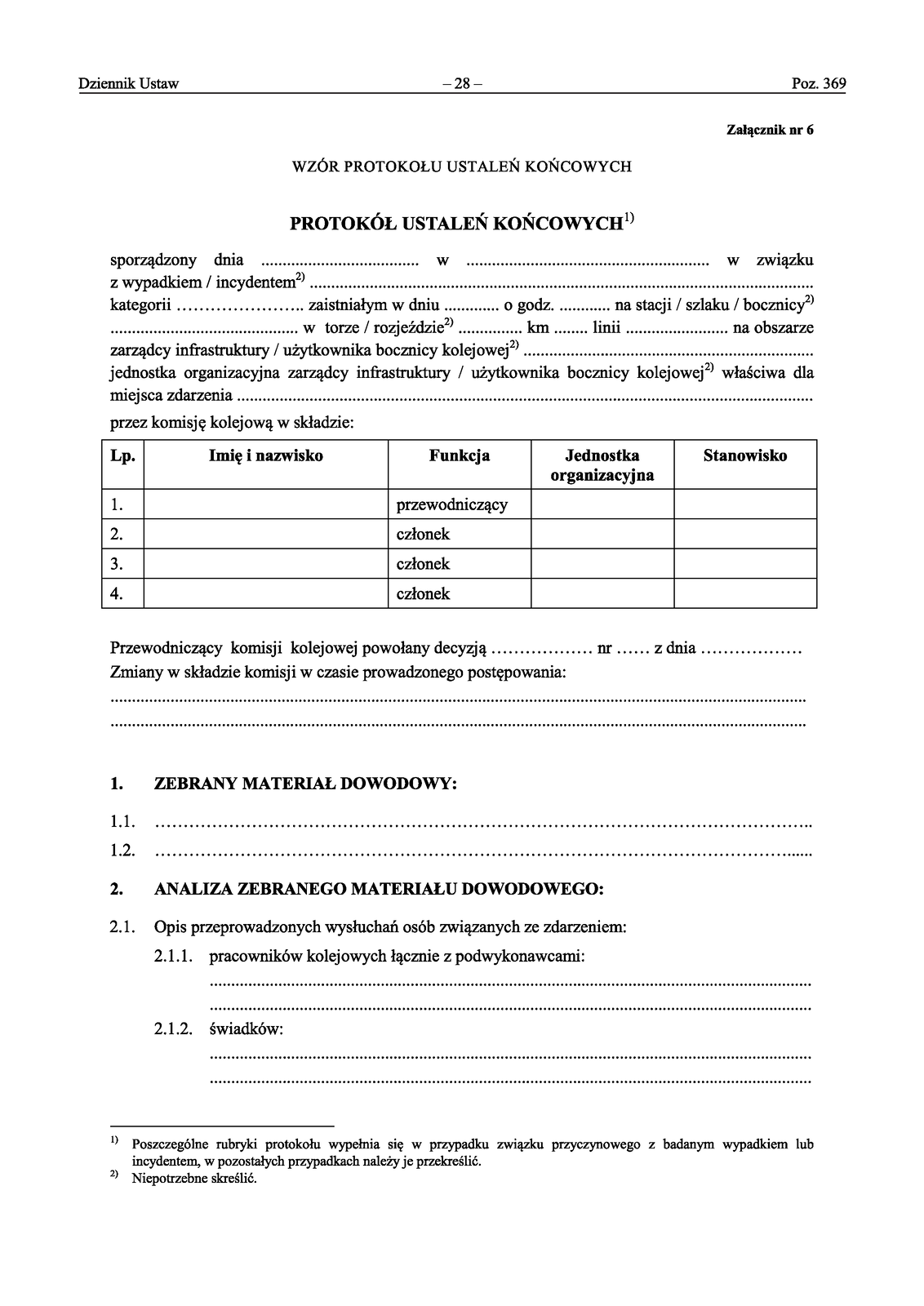 Obraz przedstawia pierwszą stronę protokołu ustaleń końcowych. Dane jakie należy uzupełnić na protokole to: data i miejsce zdarzenia, rodzaj zdarzenia, jednostka organizacyjna właściwa la miejsca zdarzenia, imiona i nazwiska, jednostki organizacyjne oraz stanowiska członków komisji kolejowej, informacje o powołaniu komisji, informacje na temat zebranego materiału dowodowego oraz jego analizy. 