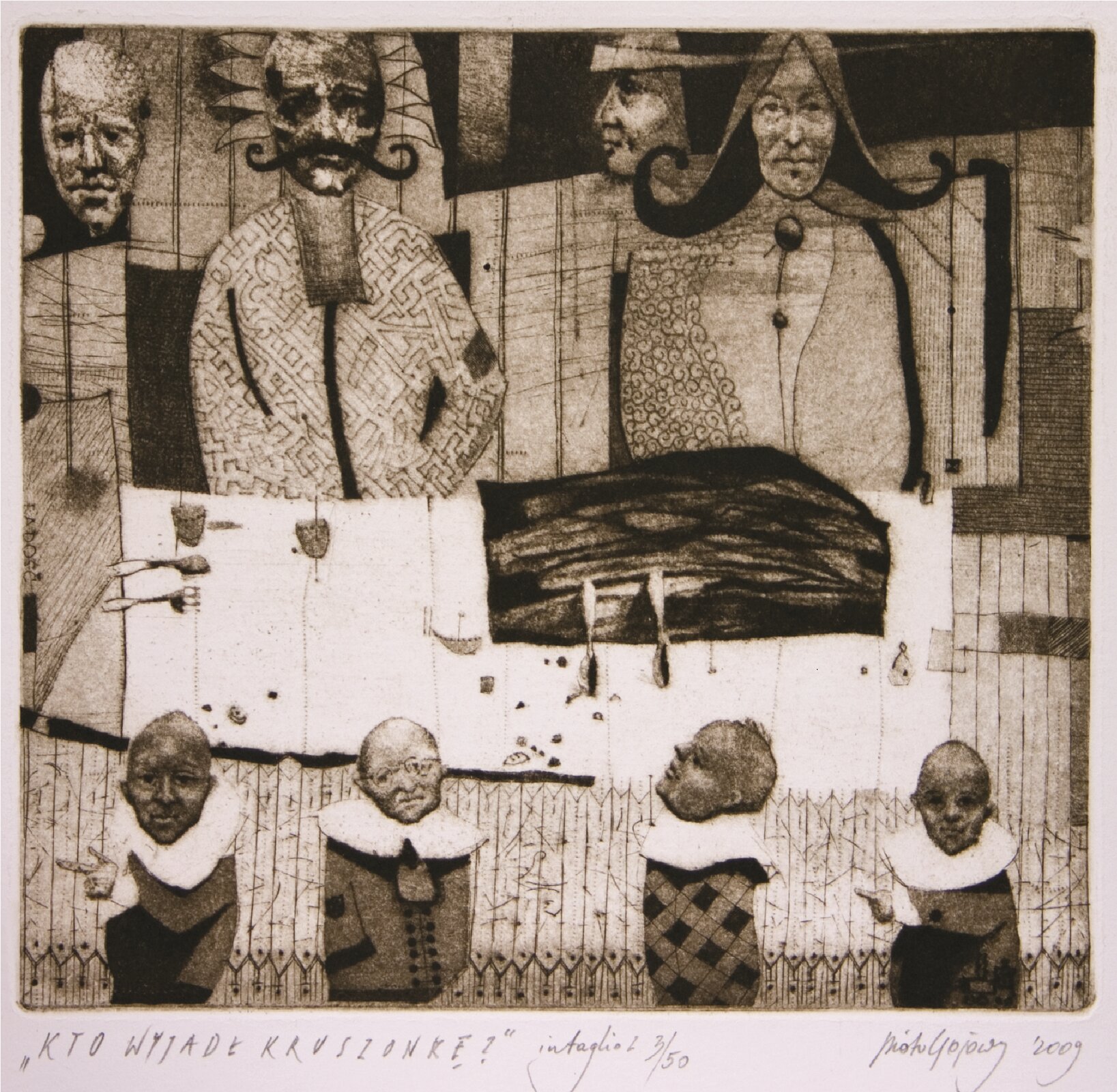 Ilustracja przedstawia grafikę „Kto wyjadł kruszonkę”, autorstwa Piotra Gojowego. Artysta przy pomocy prostych plam, linii i wzorków stworzył wielopostaciową kompozycję statyczną. Dzieło ukazuje stół z obrusem w postaci białego prostokąta z umieszczonymi na nim sztućcami, kieliszkami oraz ciemnym, prostokątnym kształtem ciasta. Wokół stołu siedzą postacie z syntetycznie ujętymi tułowiami, jedynie głowy zostały ukazane przez artystę z większym realizmem. Z przodu znajdują się małe figurki bobasów o twarzach starców z dużymi, białymi kołnierzami. Za stołem siedzą wysokie postacie kobiety i mężczyzny. W tle artysta umieścił zawieszone w przestrzeni głowy. Surowy rysunek sepiowej grafiki połączony ze smutkiem rysującym się na twarzach postaci, tworzy pełną napięcia, ciężką atmosferę przedstawionej sceny. Dzieło zostało wykonane w technice druku wklęsłego.