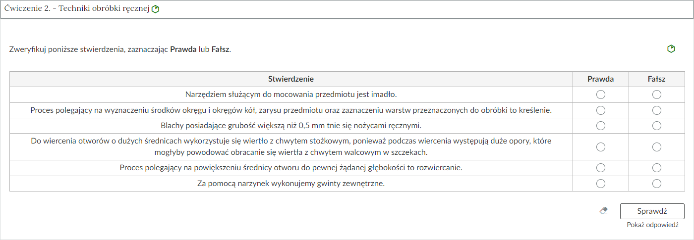 Zdjęcie przedstawia otwartą zakładkę z przykładowym zadaniem. Po prawej stronie polecenia widać zielony sześciokąt. Jest to ćwiczenie pierwsze.