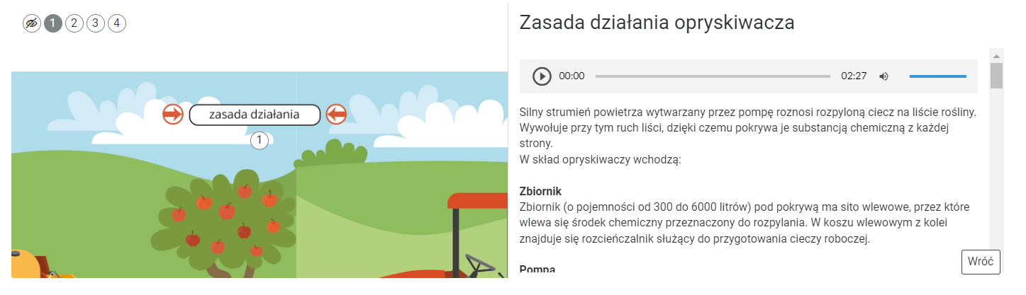 Ilustracja przedstawiająca przykładowy widok planszy interaktywnej z aktywnym przyciskiem. W lewym górnym rogu planszy interaktywnej umieszczono ikonę w kształcie białego kółka z czarnym obramowaniem. W jego środku znajduje się przekreślone oko. Wciśnięcie tego przycisku spowoduje ukrycie znaczników z cyframi. Obok znajdują się wszystkie numery znaczników występujących na planszy, przy poszczególnych elementach. Są to białe kółka z czarnym obramowaniem, w których umieszczone zostały cyfry od jeden do pięć. Ich wciśnięcie spowoduje wyświetlenie planszy z informacjami o wybranym elemencie. Jedno kółko posiada szare wypełnienie. Oznacza to, że dany znacznik został wciśnięty. Z boku planszy znajduje się biały panel w kształcie prostokąta. W nim umieszczone zostały informacje na temat oznaczonego wybranym znacznikiem obiektu.  