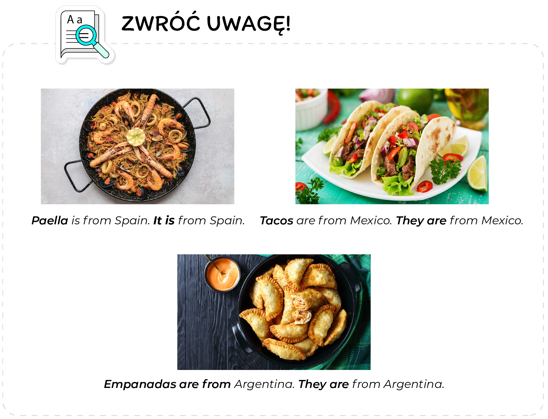 Grafika zawiera trzy zdjęcia potraw z różnych zakątków świata, na które należy zwrócić uwagę. W lewym górnym rogu ilustracji, znajduje się ikona kartki papieru z lupą, oraz napisem: zwróć uwagę.
Paella is from Spain. It is from Spain. Pierwsze danie przedstawiające Paella. Danie znajduje się w garnku z dwoma uszkami. Tacos are from Mexico. They are from Mexico.
Drugie danie tacos przedstawiające dwie tortille zgięte w pół na talerzu, w środku zawiera farsz z mięsa i warzyw. 
Empanadas are from Argentina. They are from Argentina. Trzecie danie  empanadas, pierożki, w których jest farsz. 