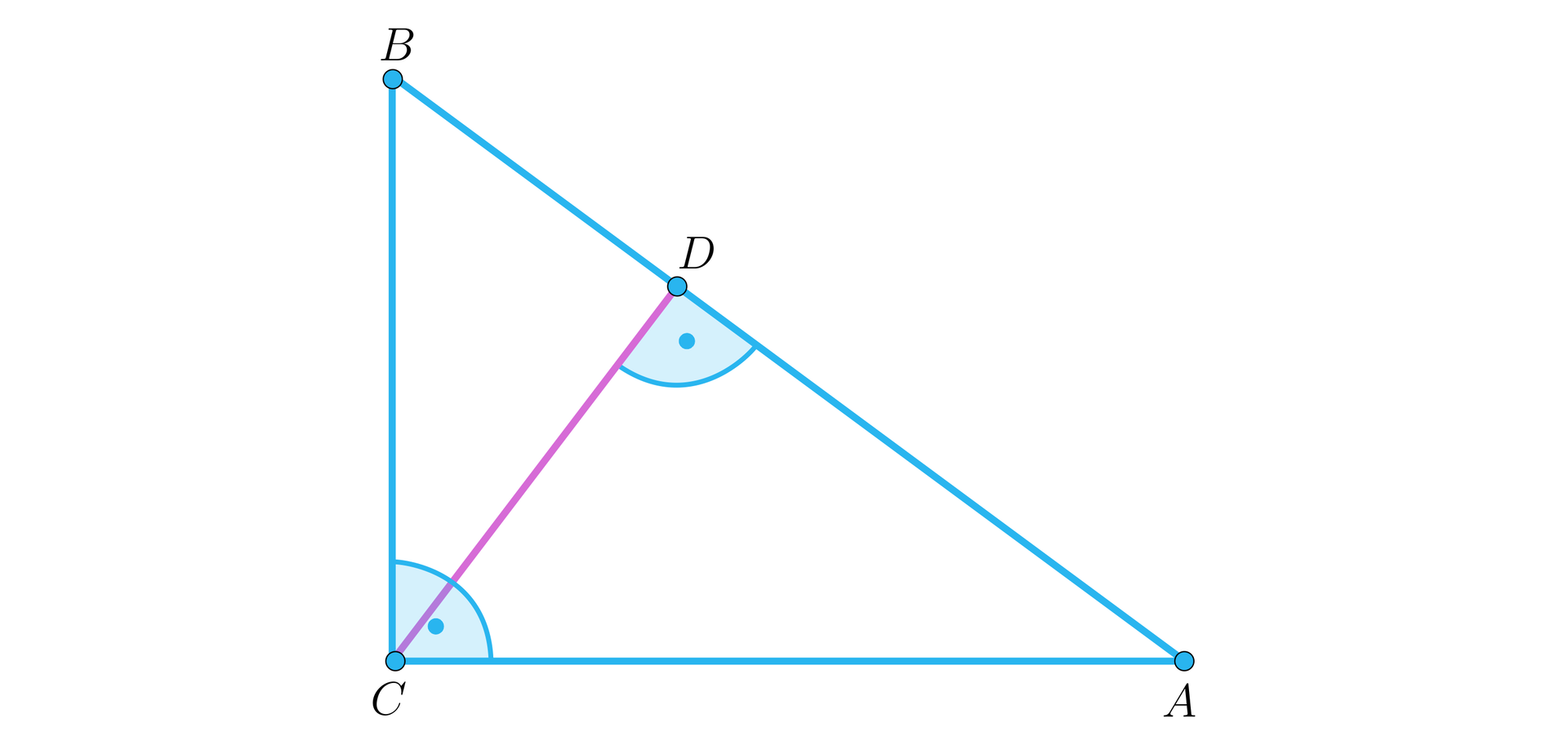 Na ilustracji przedstawiono trójkąt prostokątny o przyprostokątnych AC, BC, oraz przeciwprostokątnej AB. Na przeciwprostokątnej AB, zaznaczono punkt D, który połączono z wierzchołkiem A. Kąt CDA jest kątem prostym.  