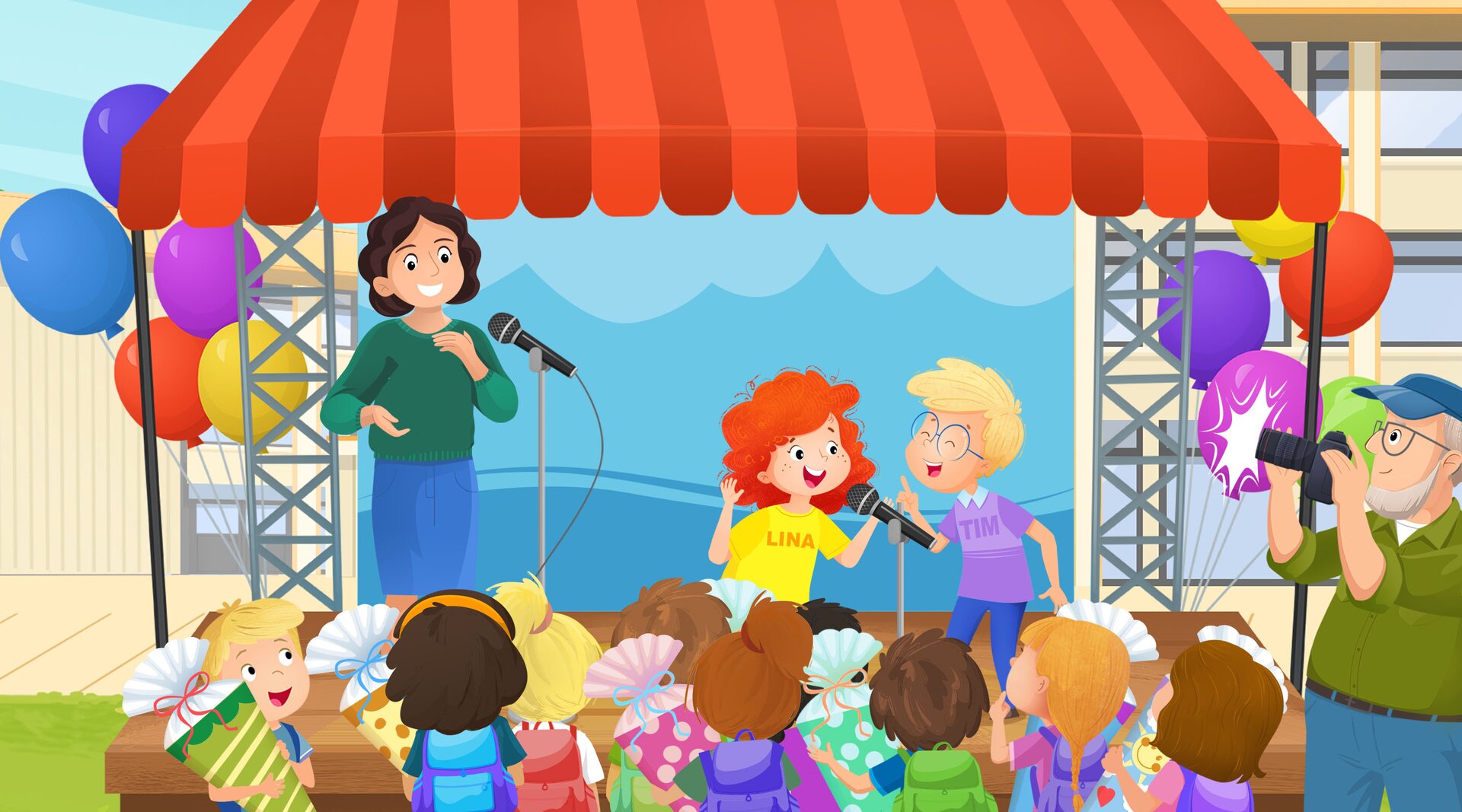 Na ilustracji widoczna jest scena, na której występują dzieci z okazji pierwszego dnia szkoły.