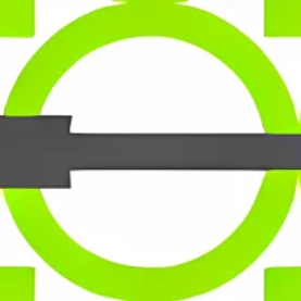 Grafika przedstawia logo programu Libre CAD. Ma ono postać jasnozielonego okręgu z grubą ciemnoszarą kreską nachodzącą na niego poziomo. Z lewej strony kreska ta zakończona jest grubszym, zbliżonym do prostokąta kształtem. Wokół okręgu, w rogach tworzących kwadrat znajdują się niewielkie kwadratowe punkty w tym samym kolorze co okrąg.