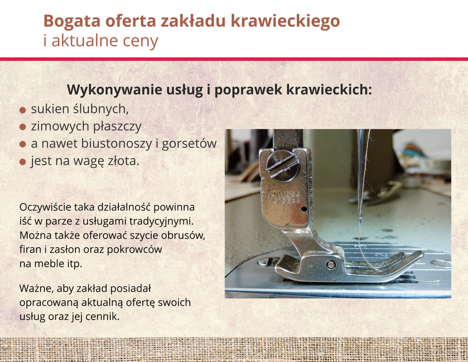 Oferta zakładu krawieckiego w zakresie szycia oraz poprawiania wyrobów odzieżowych, ceny tych wyrobów oraz dane kontaktowe.