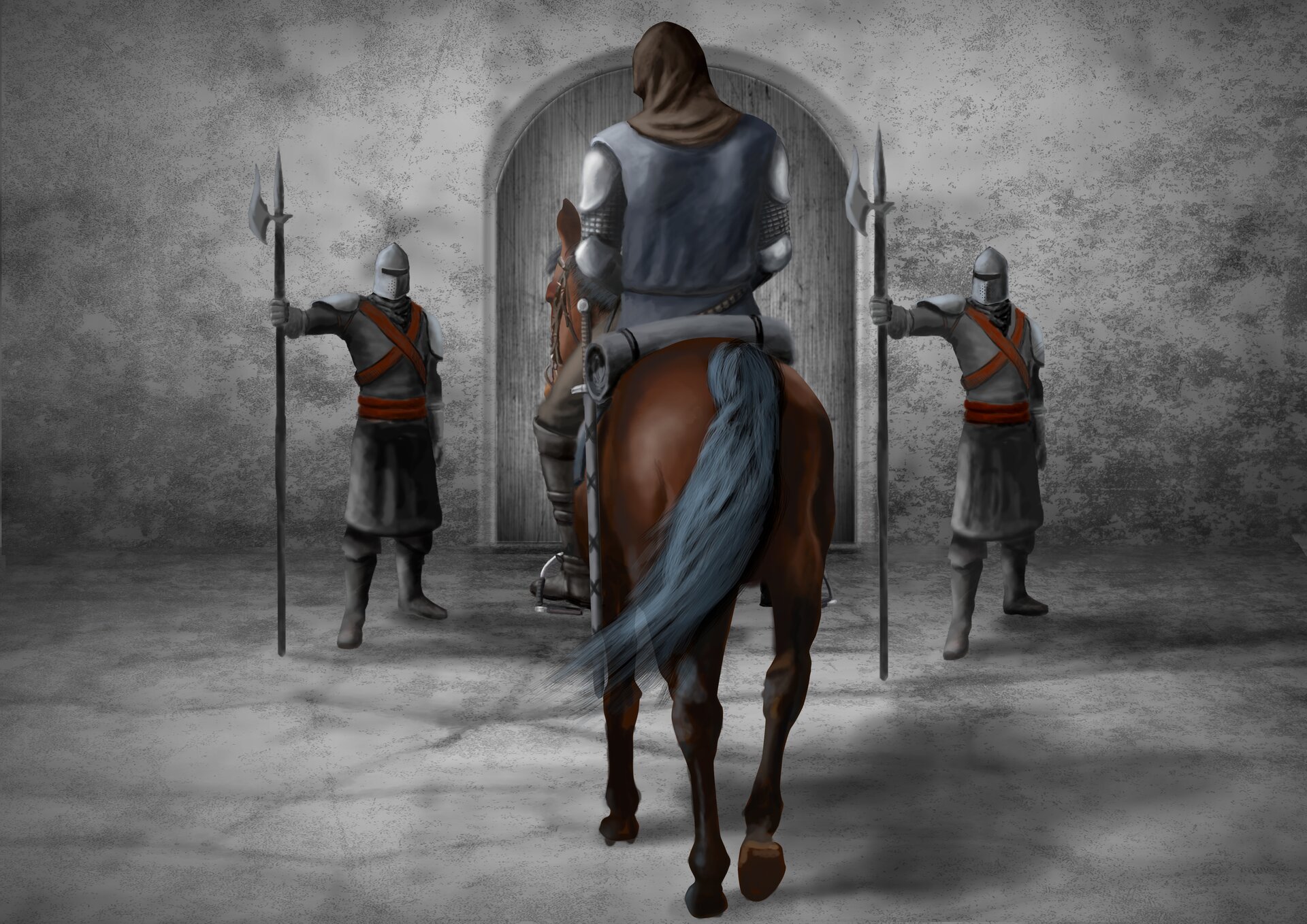 Kolorowa ilustracja przedstawia zakapturzonego jeźdźca zbliżającego się do bramy miasta lub zamku. Jeździec jest na koniu, znajduje się w centralnej części ilustracji, tyłem do widza, a brama jest przed nim. Po obu stronach bramy stoją uzbrojeni w halabardy strażnicy.