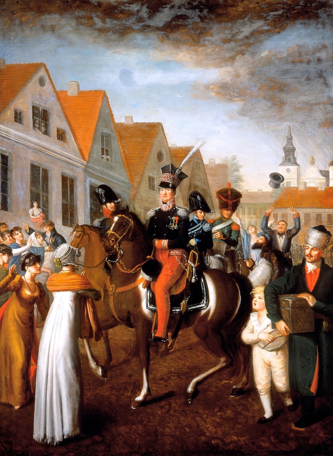 Obraz przedstawia Jana Henryka Dąbrowskiego jadącego na koniu. Jest on ubrany w w czarny mundur, czerwone spodnie i wysoką czarną czapkę z białym piórem. Wokół niego na koniach jadą umundurowani oficerowie. Na ulicy na której się znajdują stoją i wiwatują dziesiątki ludzi. W oddali widoczne są kamienice i kościół.