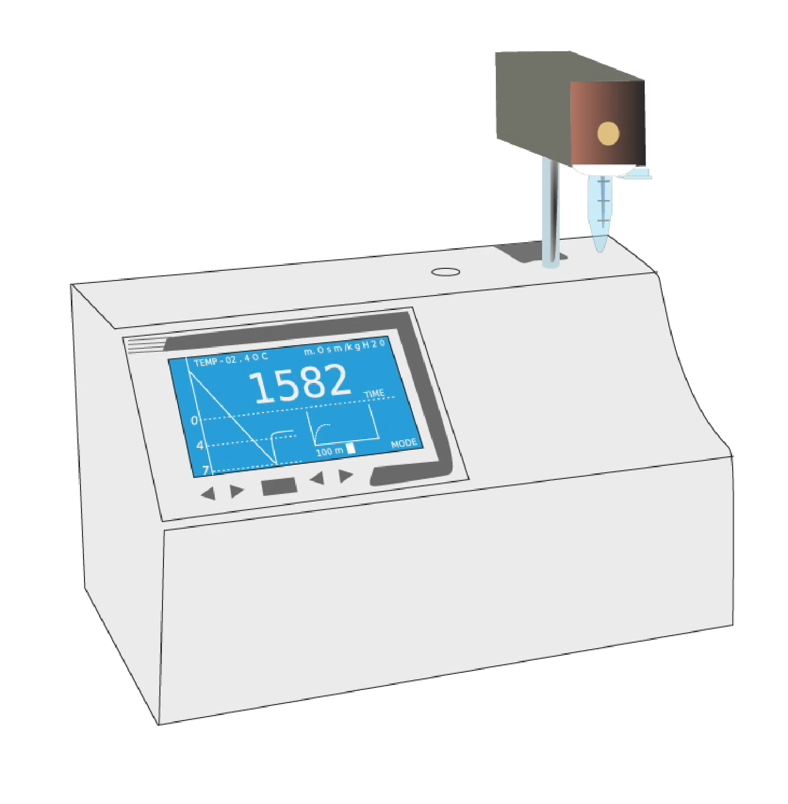 Grafika przedstawia osmometr, przyrząd do pomiaru stężenia substancji rozpuszczonej w roztworze. Po lewej stronie znajduje się wyświetlacz, na którym pokazywane są wyniki badań. Po prawej montowana jest probówka z roztworem badanym.