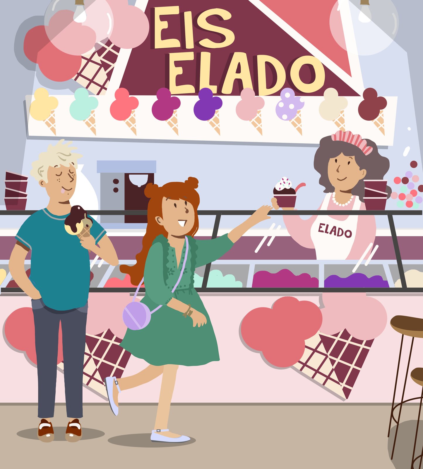Na ilustracji znajdują się Leonie i Jonas kupujący lody w ulubionej lodziarni Elado.