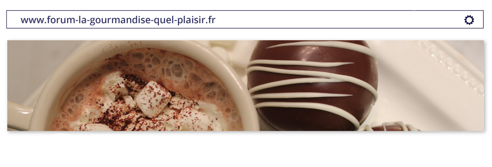 Ilustracja imituje nagłówek strony o adresie www.forum‑la‑gourmandise‑quel‑plaisir.fr. Pod adresem znajduje się zdjęcie przedstawiające filiżankę z gorącą czekoladą, piankami i bitą śmietaną. Obok niej leżą okrągłe pralinki.