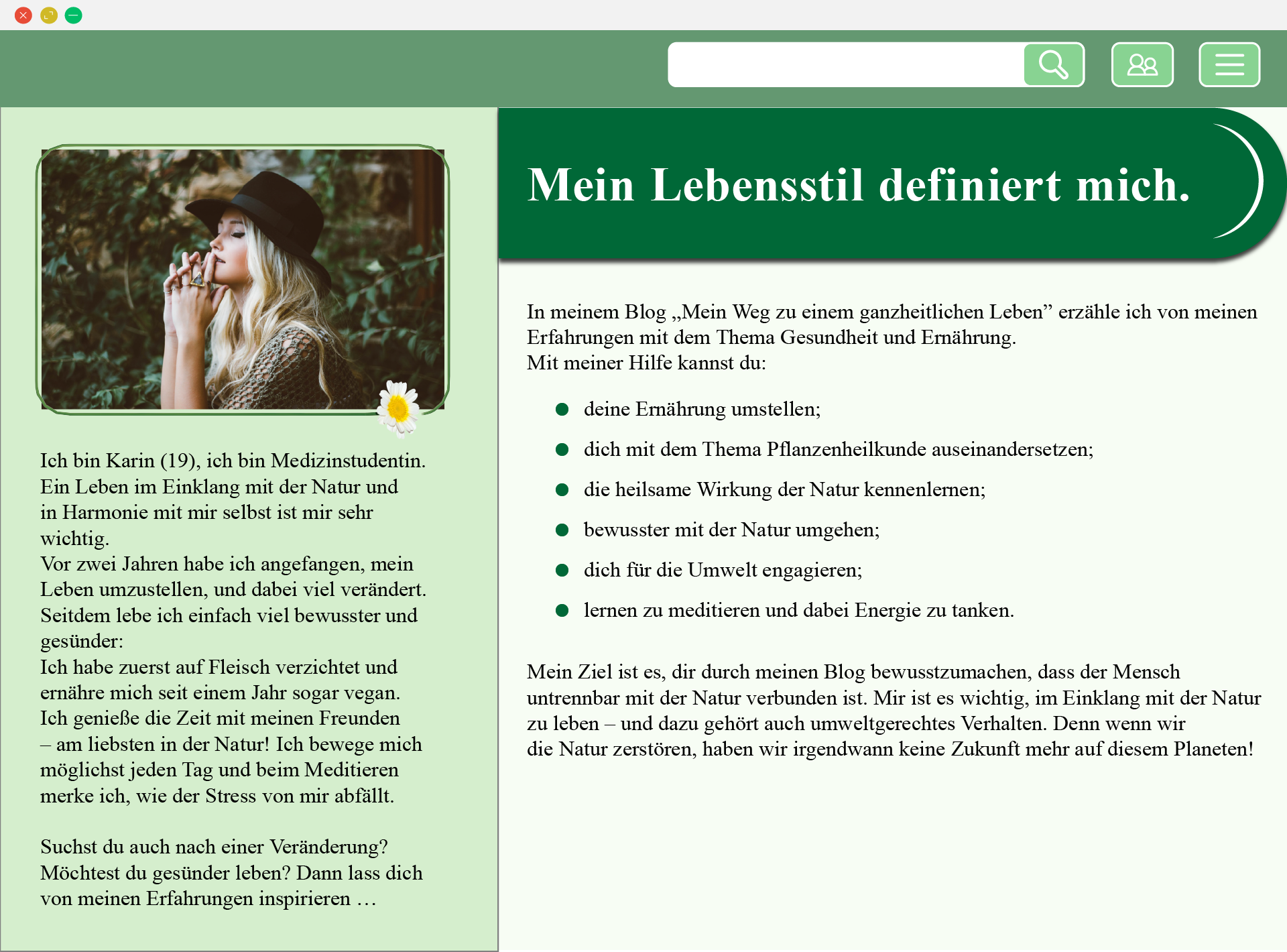 Widoczny jest profil internetowy. Tekst jest podzielony na kolumny. Po lewej stronie widoczne jest zdjęcie blondynki. Pod spodem widoczny jest opis. Tekst dostępny w transkrypcji pod ilustracją. Po prawej stronie widoczny jest tekst pod tytułem Mein Lebensstil definiert mich. Tekst dostępny w transkrypcji pod ilustracją.