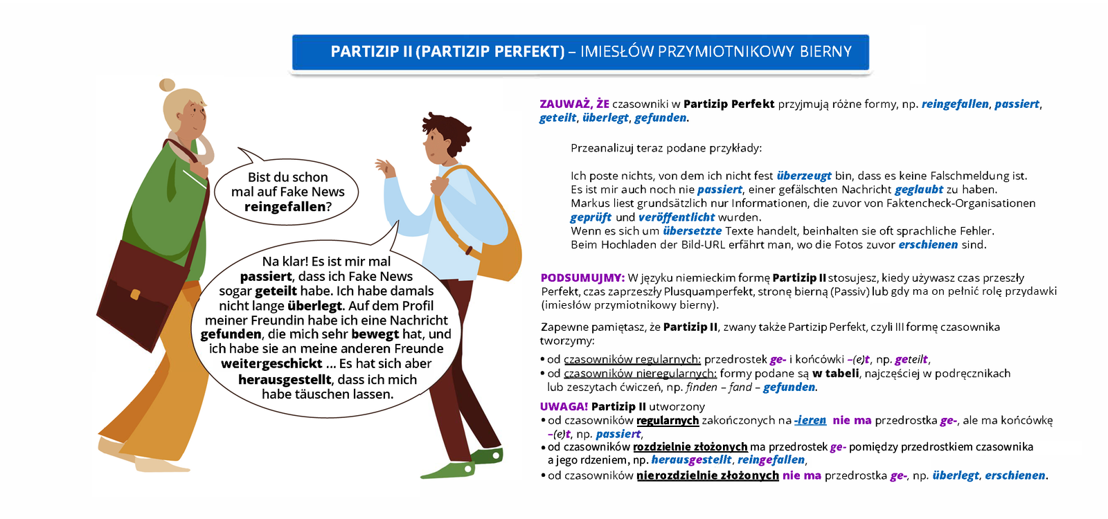 Ilustracja zawiera poradę językową.
Ilustracja nosi tytuł Partizip
(Partizip Perfekt) – imiesłów przymiotnikowy bierny. Przedstawia dwie rozmawiające ze sobą osoby. Ubrana w zieloną bluzkę i żółte spodnie dziewczyna pyta: Bist du schon mal auf Fake News reingefallen? Ubrany w bordowe spodnie i błękitną bluzkę chłopak odpowiada: Na klar! Es ist mir mal passiert, dass ich Fake News sogar geteilt habe. Ich habe damals nicht lange überlegt. Auf dem Profil meiner Freundin habe ich eine Nachricht gefunden, die mich sehr bewegt hat, und ich habe sie an meine anderen Freunde weitergeschickt … Es hat sich aber herausgestellt, dass ich mich habe täuschen lassen.
Pozostałą część ilustracji stanowi tekst, którego treść wyświetla się w trybie dostępności.